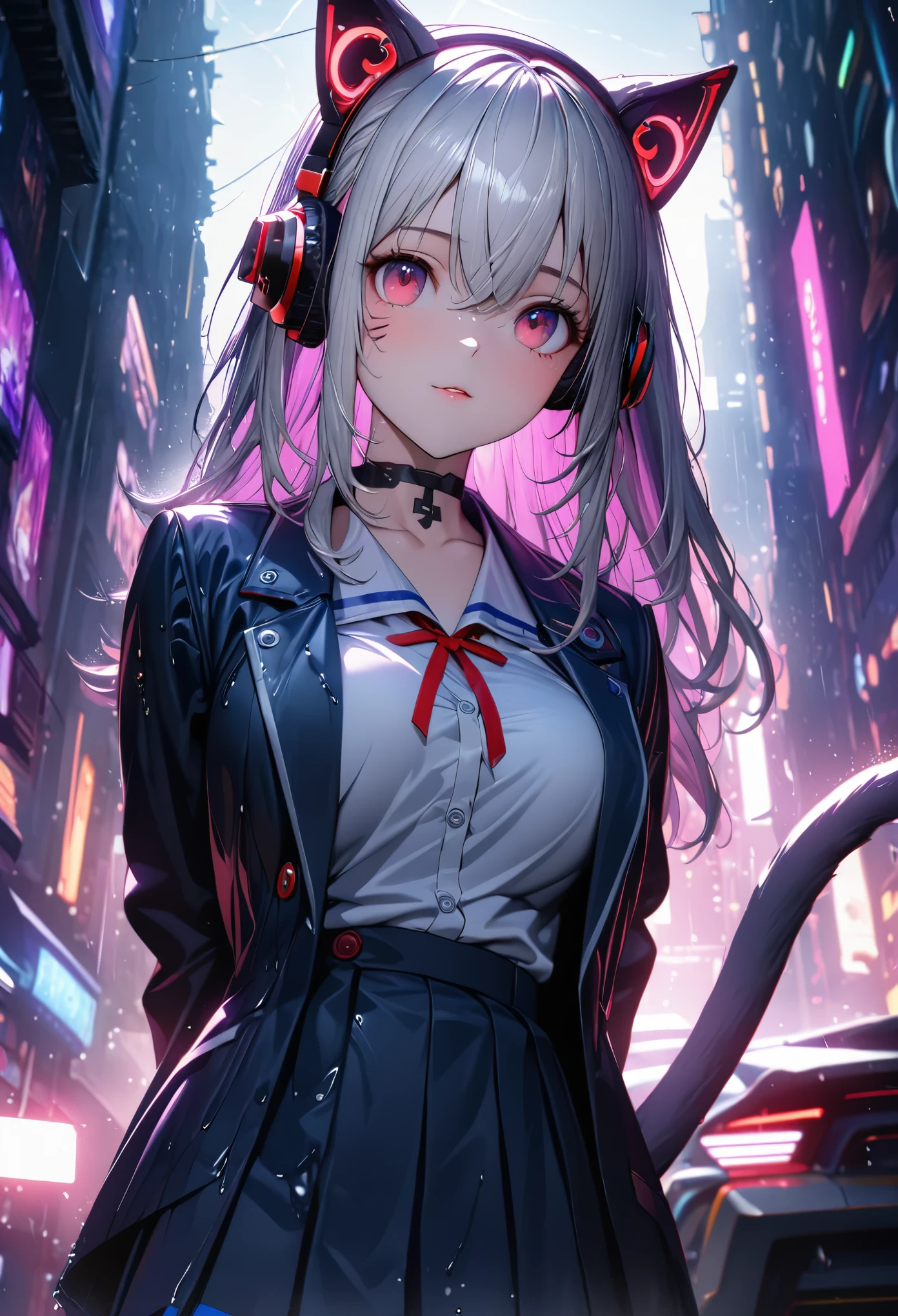 (masterpiece:1.3), (8K、best quality:1.3), Highest image quality, intricate details, high resolution, depth field, Natural light, professional lighting, (1 girl), (solo), gravure, (Asian boyish 18 year old girl), (very beautiful:1.3), (very cute face:1.3), (Beautiful face with perfect symmetry), (high detail skin: 1.2), Photorealistic anime girl rendering, Realistic anime 3D style, beautiful platinum blonde hair, long hair, crossed bangs, asymmetrical bangs, eyelashes, intense red eyes, strong eye highlights, (awesome cat ears:1.3), (awesome cat tail:1.3), very big breasts, perfect anatomy, ((red ribbon tie, Japan High School Uniforms, dark blue long sleeve jacket, white shirt, navy blue flared skirt, mini skirt)), ((Camera angle looking up from the front and slightly below)), decorative choker, (sophisticated headphones), (metallic bra), (Jump big:1.2), it's raining, my body gets wet from the rain, Decadent and futuristic urban area in the evening, (cyberpunk city), (futuristic car, flashing red light), (lightning is shining), (Flashing blue and purple neon tubes), volume lighting, soft light, Bright colors, watercolor painting, bright colors, Create digital artwork in pop art style