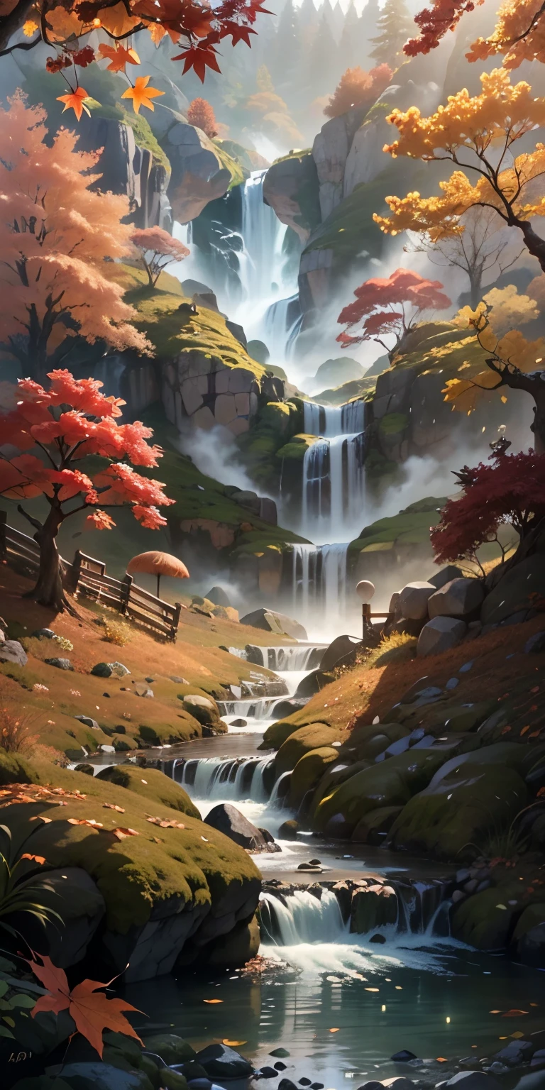 top-quality、Top image quality、masterpiece、A small waterfall floating in a valley with beautiful autumn leaves