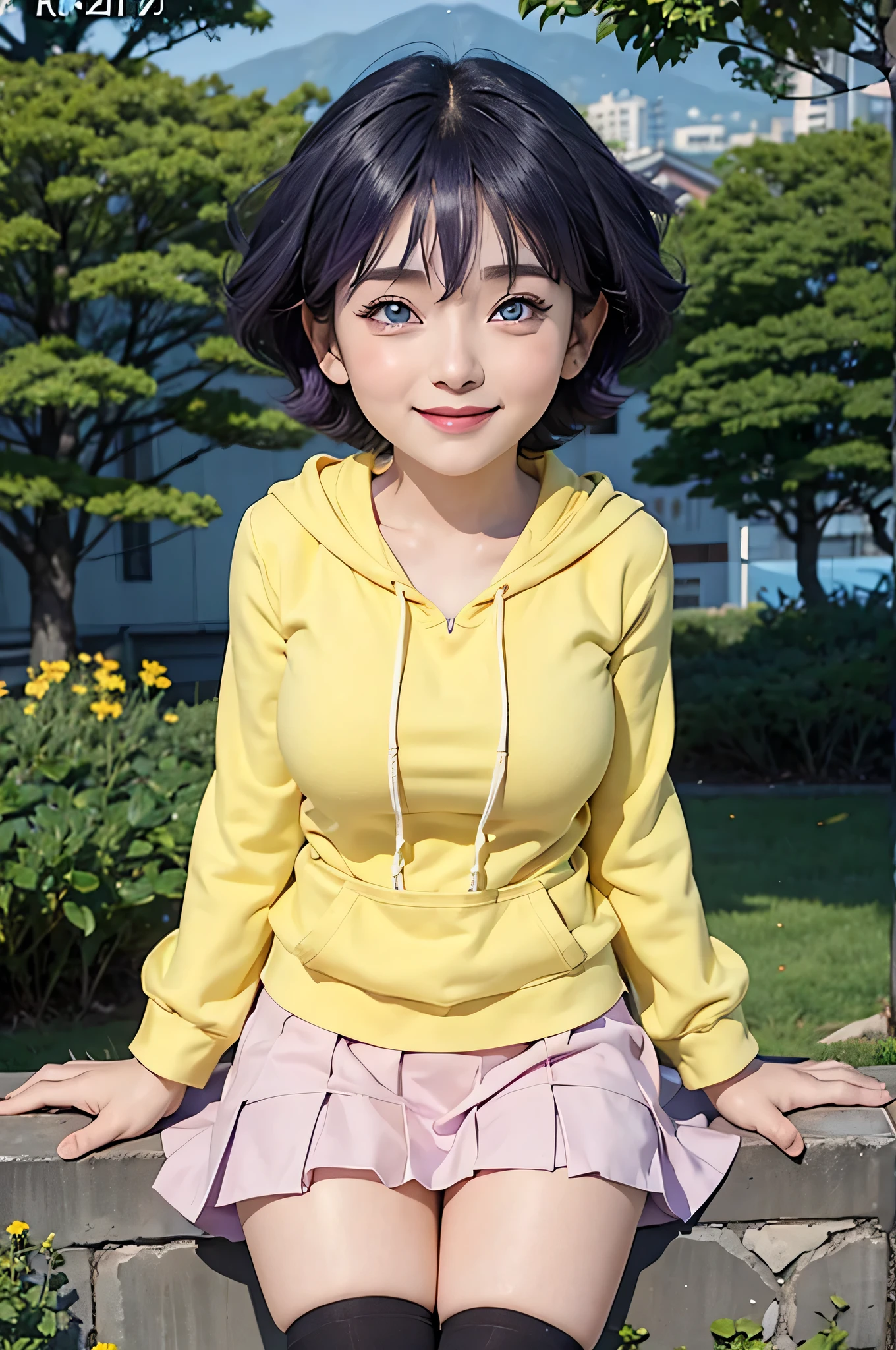 1girl, himawari anime naruto shipudden, short hair , purple hair, blue eyes, beautiful, Very Big Breasts, yellow clothes, smile, realistic clothes, detail clothes, city background, ultra detail, realistic