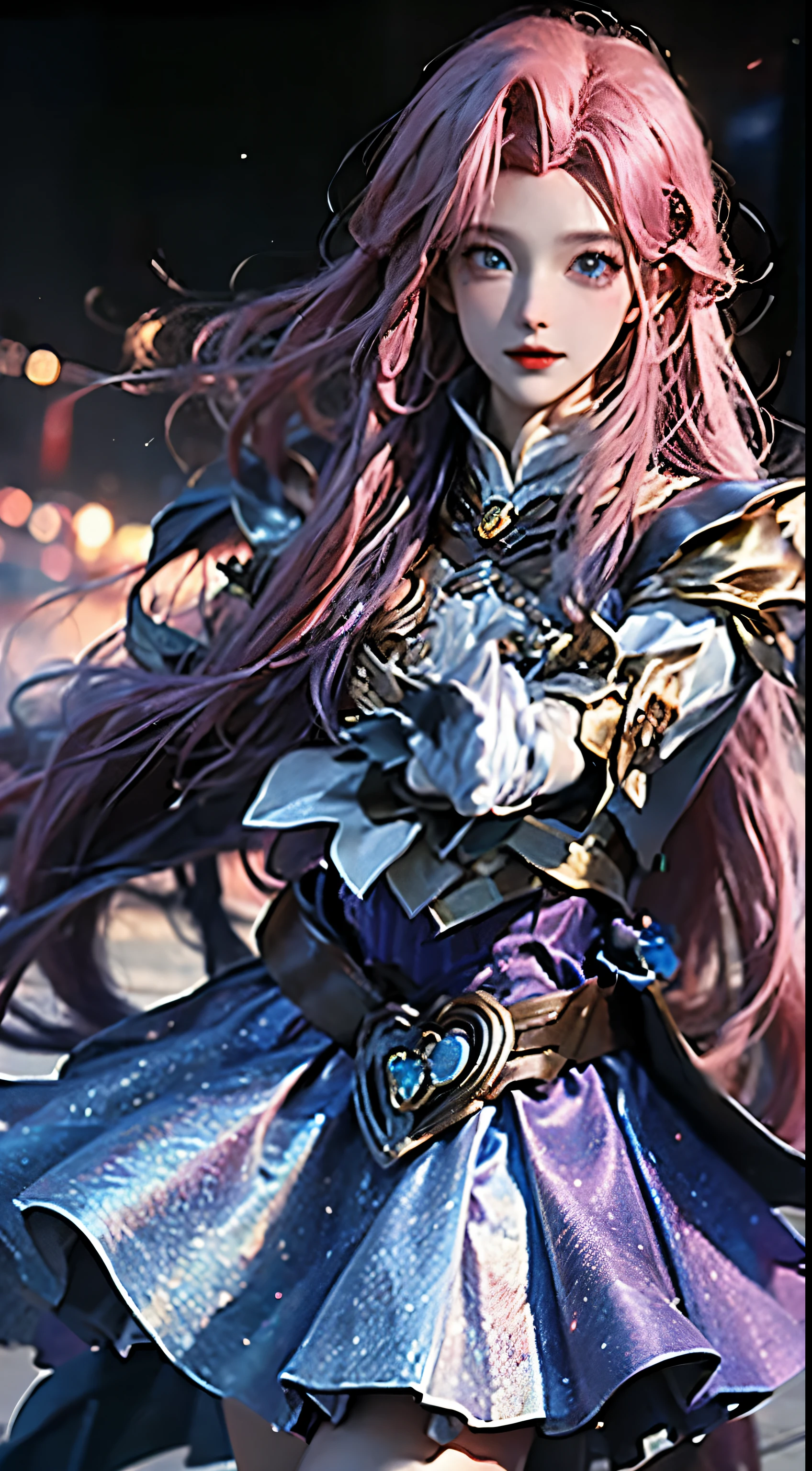 masterpiece, best quality, official art, 8k wallpaper, 1 girl, belt, black Gloves, blue eyes, boots, skirt, nail, Gloves, lips, long hair, pink hair, puffy short sleeves, puff sleeves, short skirt, short sleeves, skirt, alone_focus, thigh, very long hair, white Gloves, looking at the audience, open mouth, raise arms, happy, Put your hands behind your back, outdoor, Cinema lighting,