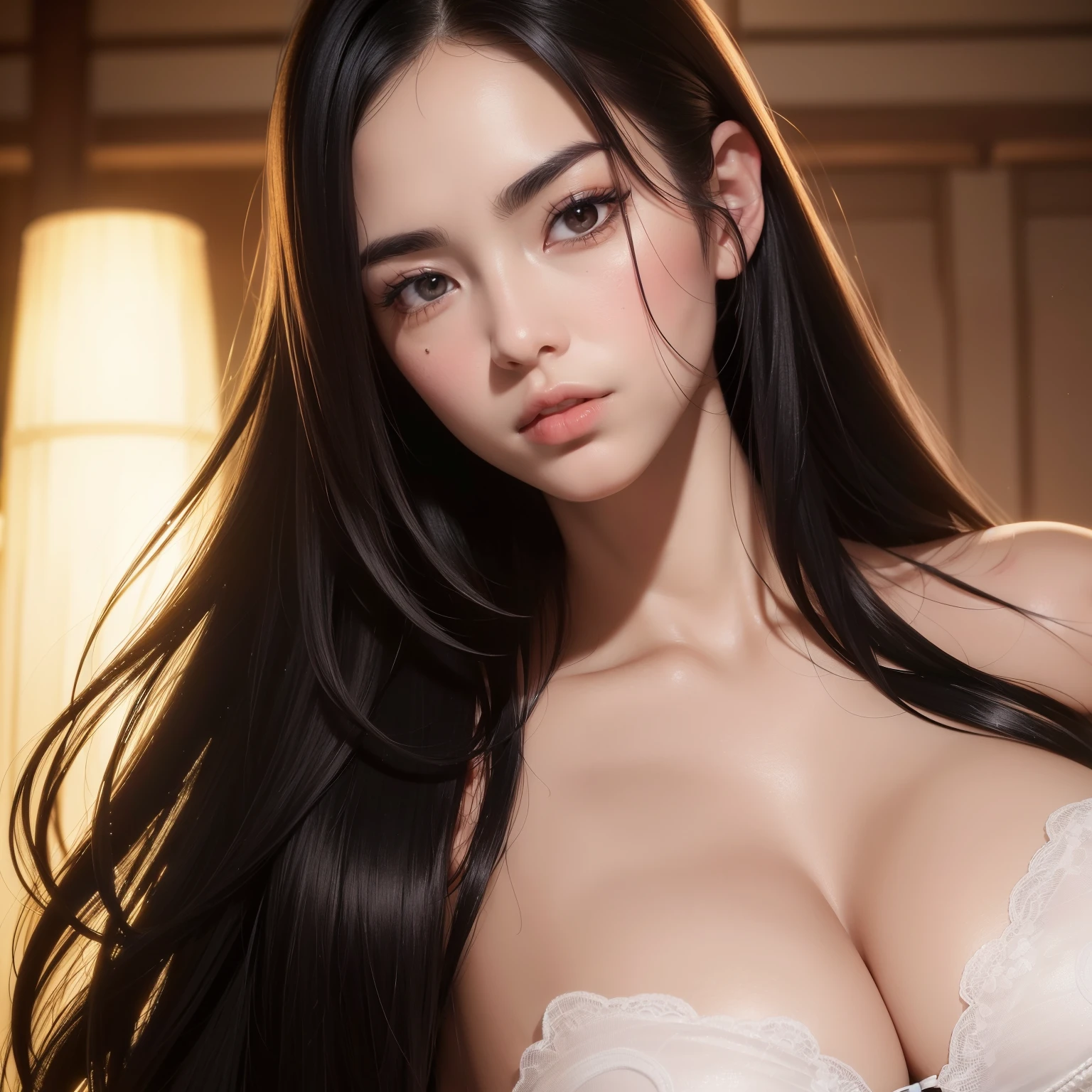 ((Realistic lighting, top-quality, 8K, masterpiece: 1.3), (clear focus: 1.2), Japanese woman with big  size 45DD, (highly detailed facial and skin texture: 1.0), Hyperdetailed face, (big bold eyebrows: 1.2), Black long hair, (beautiful lighting: 1.0), Perfectly rendered, Ultra-high resolution, (realistic shadows: 1.0), Detailed skin, Realistic eyes, (looking directly at the camera: 1.2), A slight smile, (perfectly shaped eyebrows: 1.1), Long black hair flowing freely, (