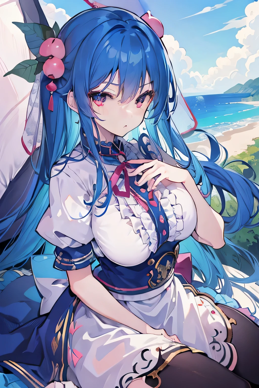 (masterpiece),best quality, expressive eyes, perfect face, 1girl,
big breasts, H cup, Good breasts, Put your hands on your waist,Fair, Gorgeous,japanese manga,girl,Laura,young angel, blue hair, blue haired,tent , tent chest, tent breast, floating clothes,grab your waist, grab your waist