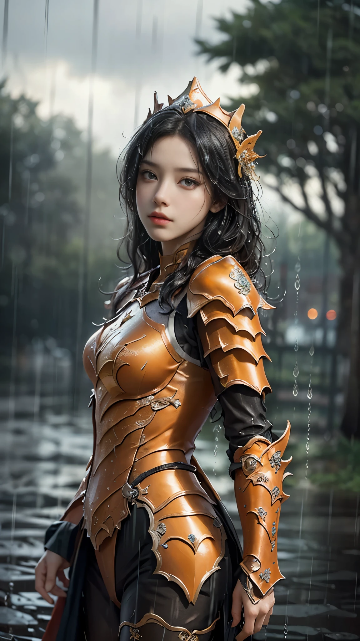a woman in a orange armor, realistic Art Station, (hard raining:1.5), Detailed Fantasy Art, Stunning Character Art, beautiful Exquisite Character Art, Beautiful (orange Armor:1.8), Extremely Detailed, Exquisite Intricate Headdress and Jewellery, perfect body,