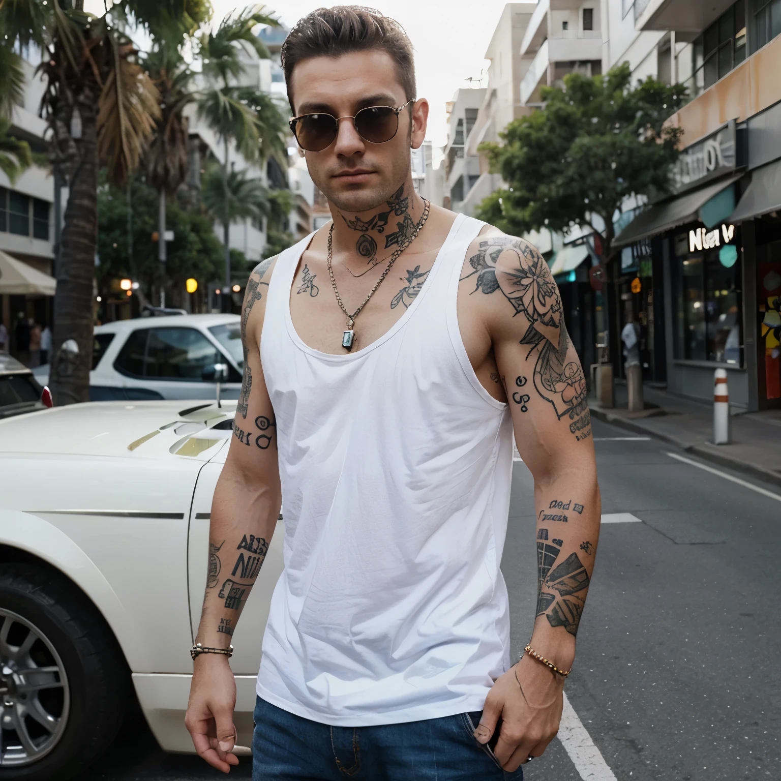 australian man,loose top,pure white,Wear sunglasses,tattoo,Wear jewelry,street view,