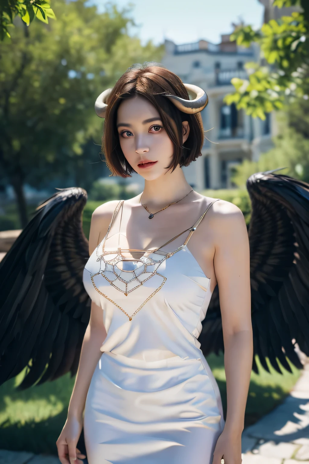 (Best Quality, Masterpiece:1.4), (Realism:1.2), (Realisitc:1.2), (Absurdres:1.2), (photorealistic:1.3), 1girl,Realistic Skin,Solo,( Very Big Eyes,beautiful detailed eyes, symmetric eyes), outdoors ,standing, purple eyes, short hair, white dress,large breasts, cowboy shot, cleavage, black wings, feathered wings, white horns, ,groin, hip vent, demon horns, feet out of frame,