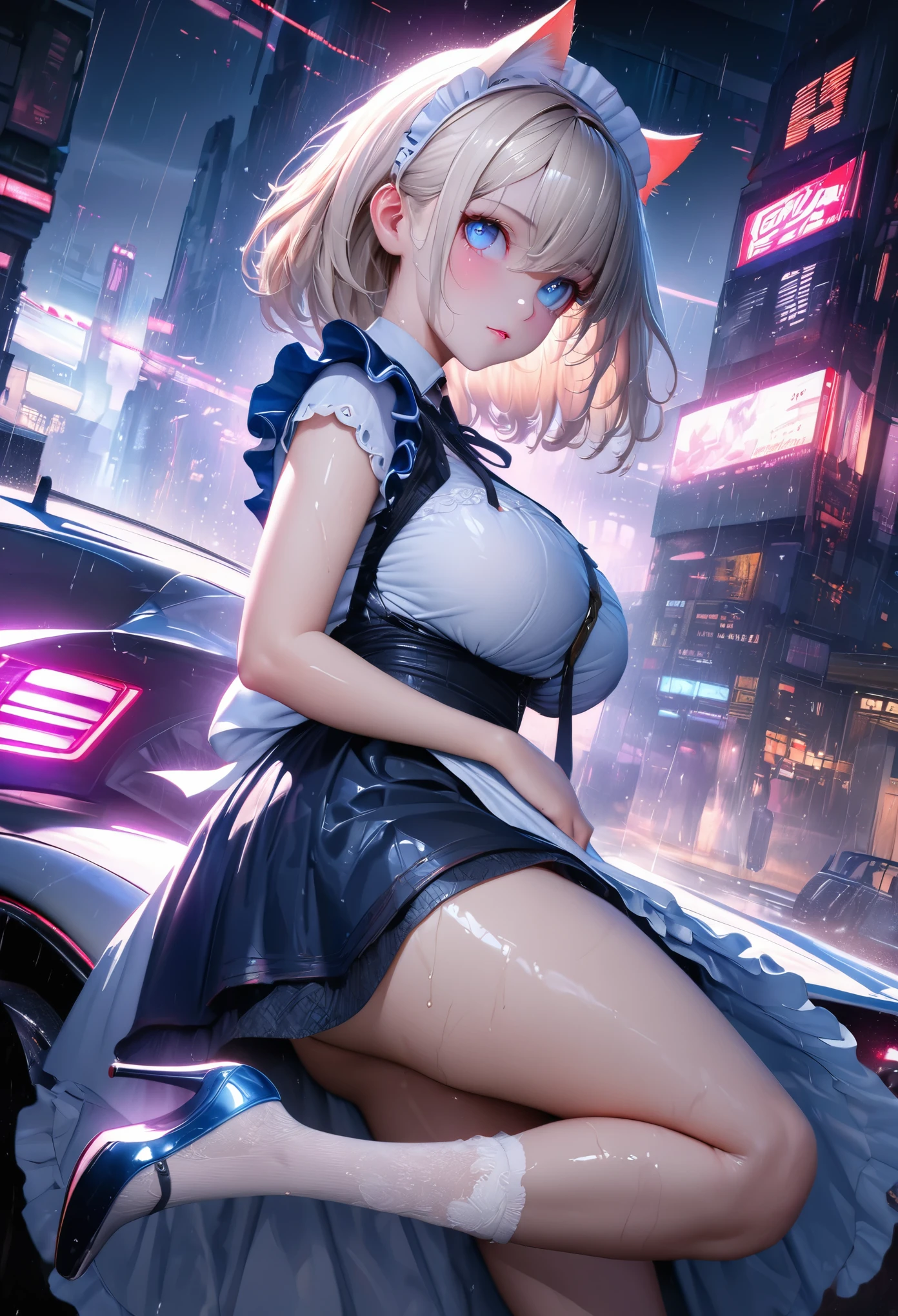 (masterpiece:1.3), (8K、best quality:1.3), Highest image quality, intricate details, high resolution, depth field, Natural light, professional lighting, (1 girl), (solo), gravure, (A very beautiful 18 year old British girl), (very beautiful:1.3), (very cute face:1.3), (Beautiful face with perfect symmetry), (high detail skin: 1.2), Photorealistic anime girl rendering, Realistic anime 3D style, beautiful platinum blonde hair, bob cut, crossed bangs, asymmetrical bangs, eyelashes, intense red eyes, strong eye highlights, (awesome cat ears:1.3), very big breasts, perfect anatomy, (beautiful platinum blonde hairのミドルウェーブヘア), (beautiful blue eyes, Beautiful eyelashes、realistic eyes)), dynamic angle, ((perfect anatomy)), ((english maid, white frilled maid headband, ruffle blouse, ribbon tie, apron, navy blue skirt, silk socks, high heels)), ((silk lace panties, shiny thighs)), (Looking back, look up at the camera), it's raining, my body gets wet from the rain, Decadent and futuristic urban area in the evening, (cyberpunk city), (futuristic car, flashing red light), (lightning is shining), volume lighting, soft light, Bright colors, watercolor painting, bright colors, Create digital artwork in pop art style