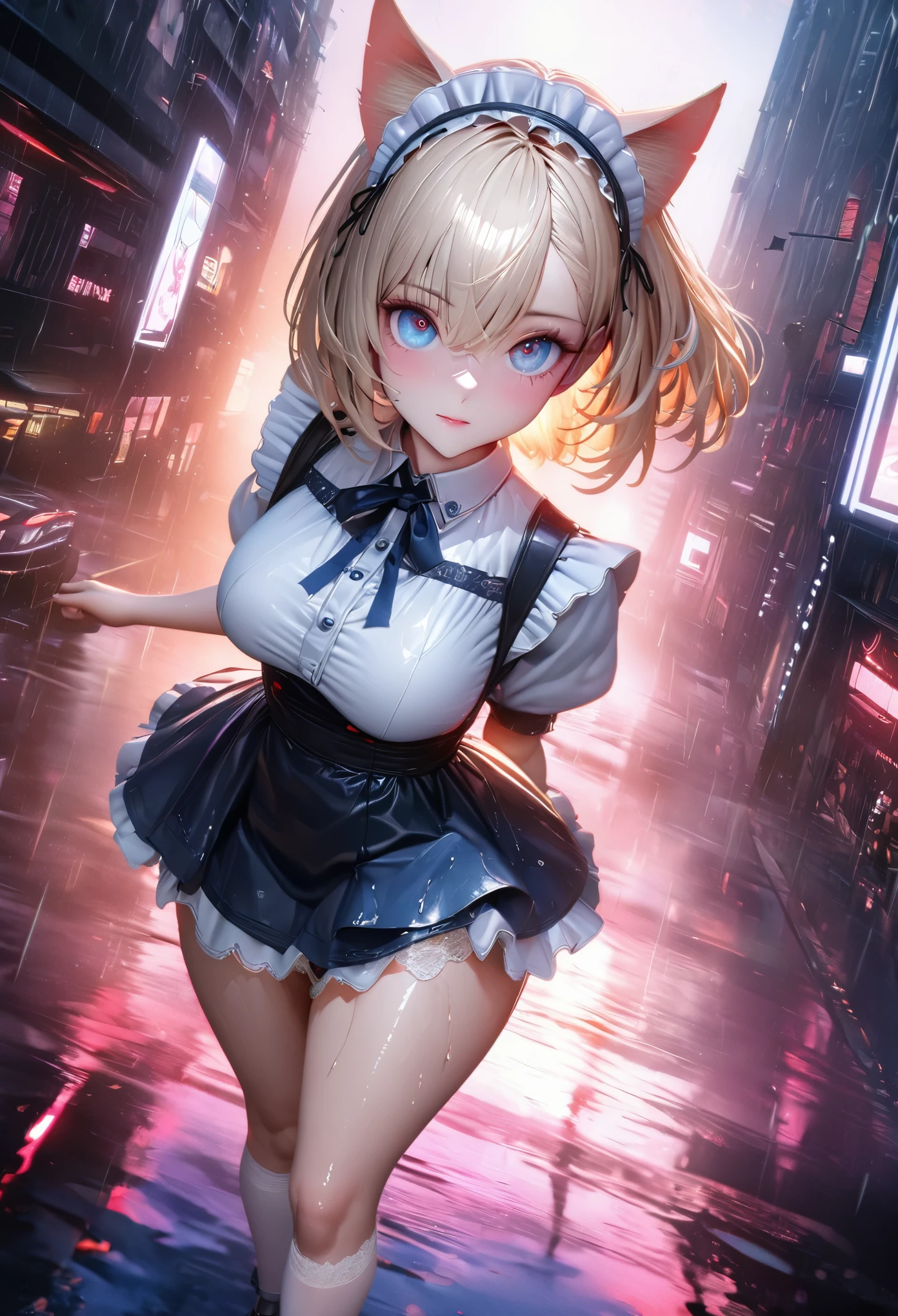 (masterpiece:1.3), (8K、best quality:1.3), Highest image quality, intricate details, high resolution, depth field, Natural light, professional lighting, (1 girl), (solo), gravure, (A very beautiful 18 year old British girl), (very beautiful:1.3), (very cute face:1.3), (Beautiful face with perfect symmetry), (high detail skin: 1.2), Photorealistic anime girl rendering, Realistic anime 3D style, beautiful platinum blonde hair, bob cut, crossed bangs, asymmetrical bangs, eyelashes, intense red eyes, strong eye highlights, (awesome cat ears:1.3), very big breasts, perfect anatomy, (beautiful platinum blonde hairのミドルウェーブヘア), (beautiful blue eyes, Beautiful eyelashes、realistic eyes)), dynamic angle, ((perfect anatomy)), ((english maid, white frilled maid headband, ruffle blouse, ribbon tie, apron, navy blue skirt, silk socks, high heels)), ((silk lace panties, shiny thighs)), (Looking back, look up at the camera), it's raining, my body gets wet from the rain, Decadent and futuristic urban area in the evening, (cyberpunk city), (futuristic car, flashing red light), (lightning is shining), volume lighting, soft light, Bright colors, watercolor painting, bright colors, Create digital artwork in pop art style
