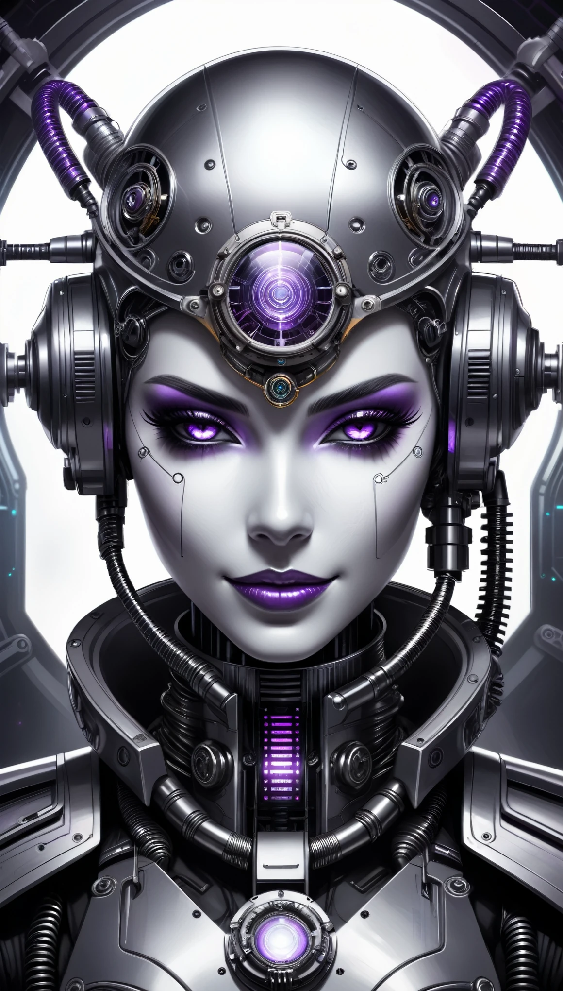 (Pencil_Sketch:1.2, messy lines, greyscale, traditional media, sketch),There is a photo of purple eyes, Cyberpunk Art by Justin Gerrard, cgsociety contest winner, afrofuturism, Intricate robots,With metal cowboy hat, Beautiful biomechanical deity, translucent. Biomechanical cyborgs, Deep cyberpunk robot, portrait of space, Biomechanical cyborgs, Colorful sci-fi steampunk, detailed portrait of,heart shaped collar, cosmetic, Smile, Art Deco, rococo style, high detail, concept art, On Art, Chromatic aberration abuse, rounded corners, Caustics, diffraction peak, ultra high definition, Super details, high details, high quality, high resolution, 16K