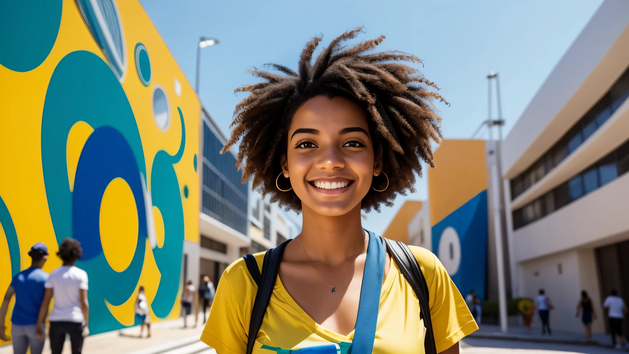 Depict a vibrant and dynamic scene of a 26-year-old Brazilian student walking through a modern university campus with futuristic architecture . She's wearing a blue blouse, representando seu curso de arquitetura, and your face is lit by a contagious smile. Her hair is black, curto, cacheado, colorido, that add a touch of youthfulness and creativity to your look. Enquanto ela anda, a trail of modern paintings unfolds behind her, portraying the diversity and energy of the academic environment. Essas obras de arte expressam a multiplicidade de culturas, ideas and perspectives that flourish in the university community, criando um ambiente inspirador e animado. 4K