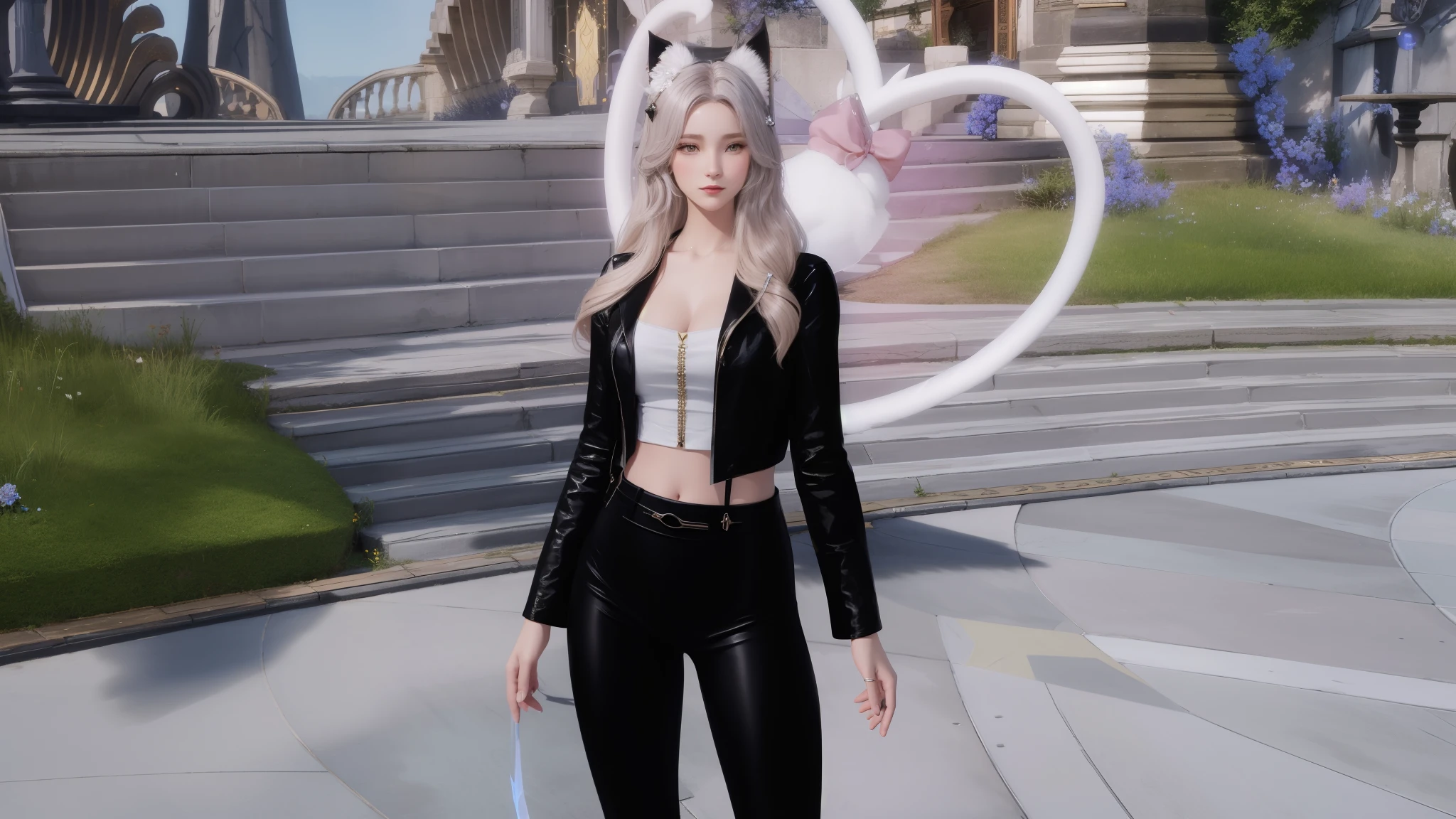 il y a une femme en tenue noire debout dans une cour, inspired by Sim Sa-jeong, cattie - brie de mithril hall, seraphine ahri kda, je vais, c'Was, inspired by Ren Renfa, Selina, Chrome outfit, cristal, jia, belle jeune catgirl, Alice, mouton, Veste noire | Brillant