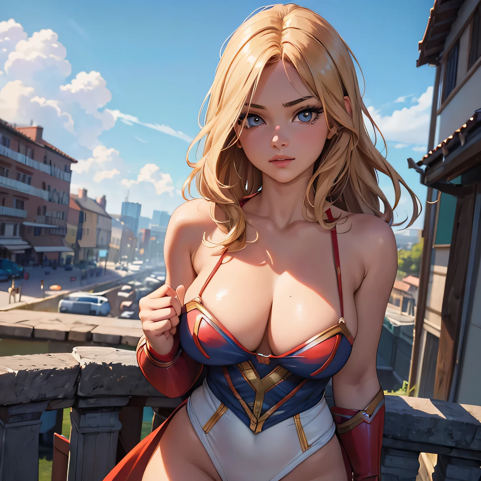 best quality, ultra-detailed, masterpiece, fine details, high res, 8k wallpaper, best quality, highres, cowboy shot, supergirl, spaghetti strap top, dynamic action, flying, doing superhero stuff, superhero, beautiful girl, woman, solo, fly, sky, cloudy sky, (cute:1.3), realistic, (cute), (detailed face), detailed eyes, detailed iris, detailed skin, masterpiece, professional photoshoot, perfect face, spaghetti strap top