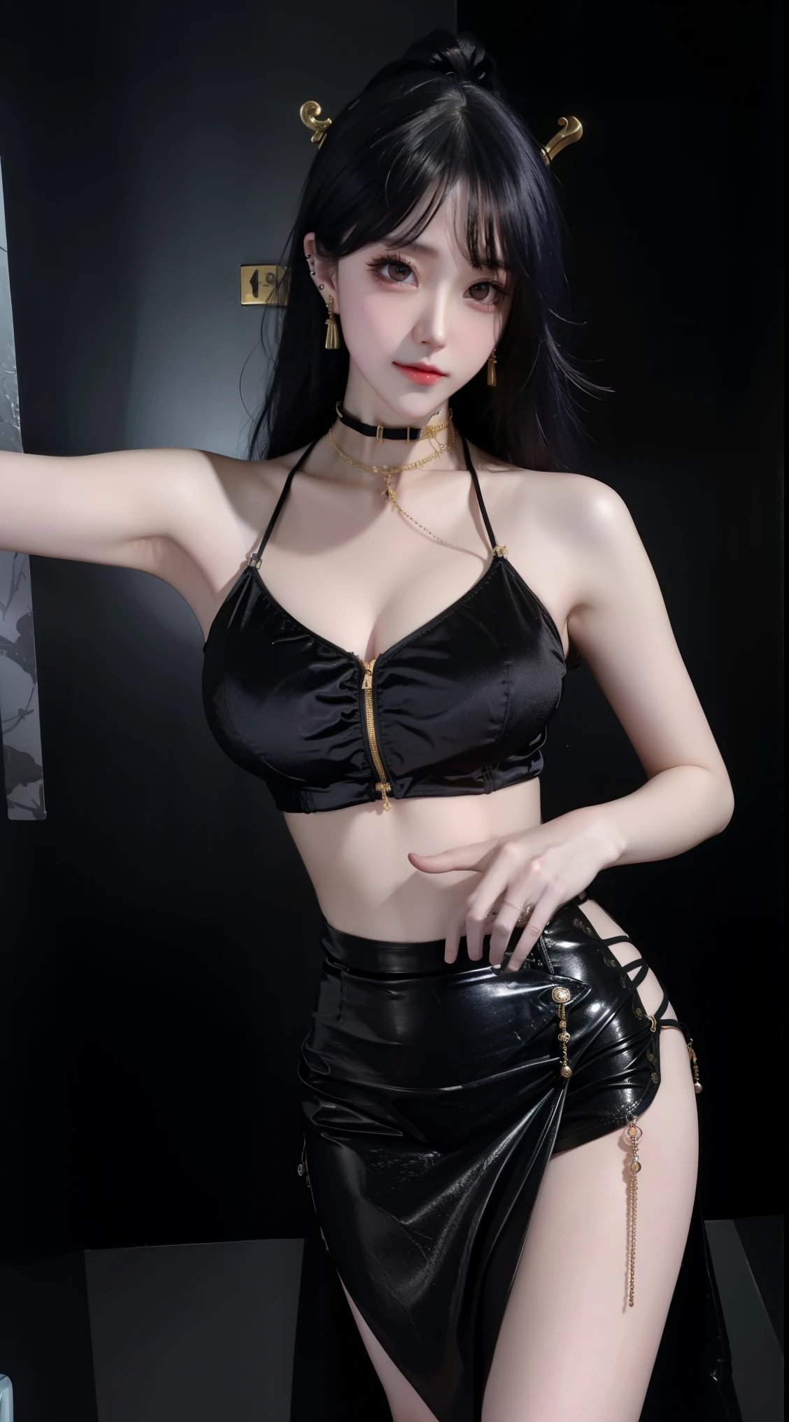 8K, surreal, master piece, best quality, super detailed, High resolution, random background, 1 huge breasts, (:1.5), Willow Yao, wide hips, knees, night , 's, choker necklace, Ear Nipple Ring Nipple