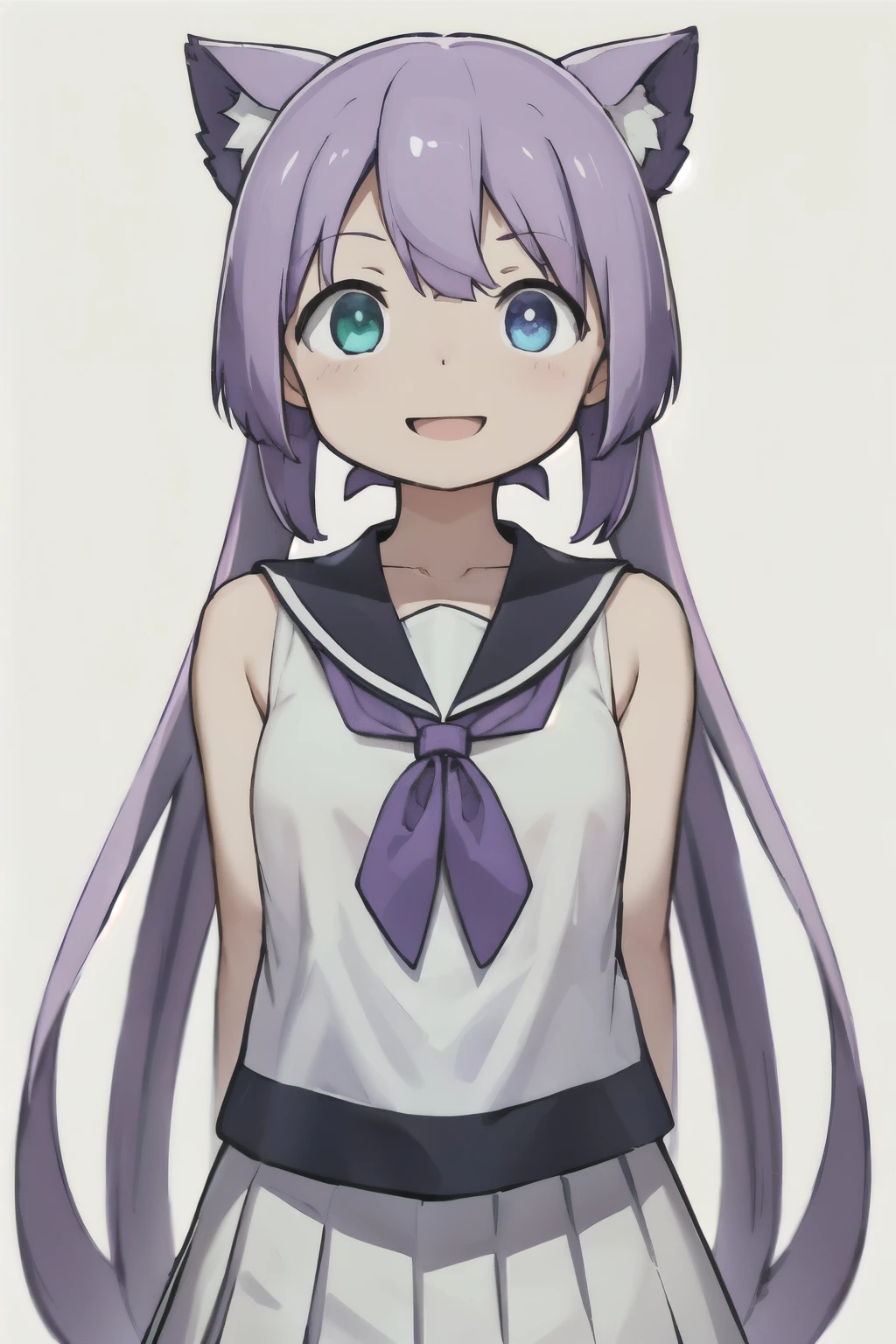 white background、Solid white background、blank background、show both arms、arms behind back、 hide your hands、Upper body photographed from the front,(high quality, Breathtaking),(delicate eyes, perfect face)solo,Era: late 20s, Heterochromia - left eye is yellow、The right eye is light blue.、open your mouth without showing your teeth、Smile with mouth wide open、open your mouth wide、purple hair, well-groomed hair, undisturbed hair、side bangs, white sailor suit,white pleated skirt
