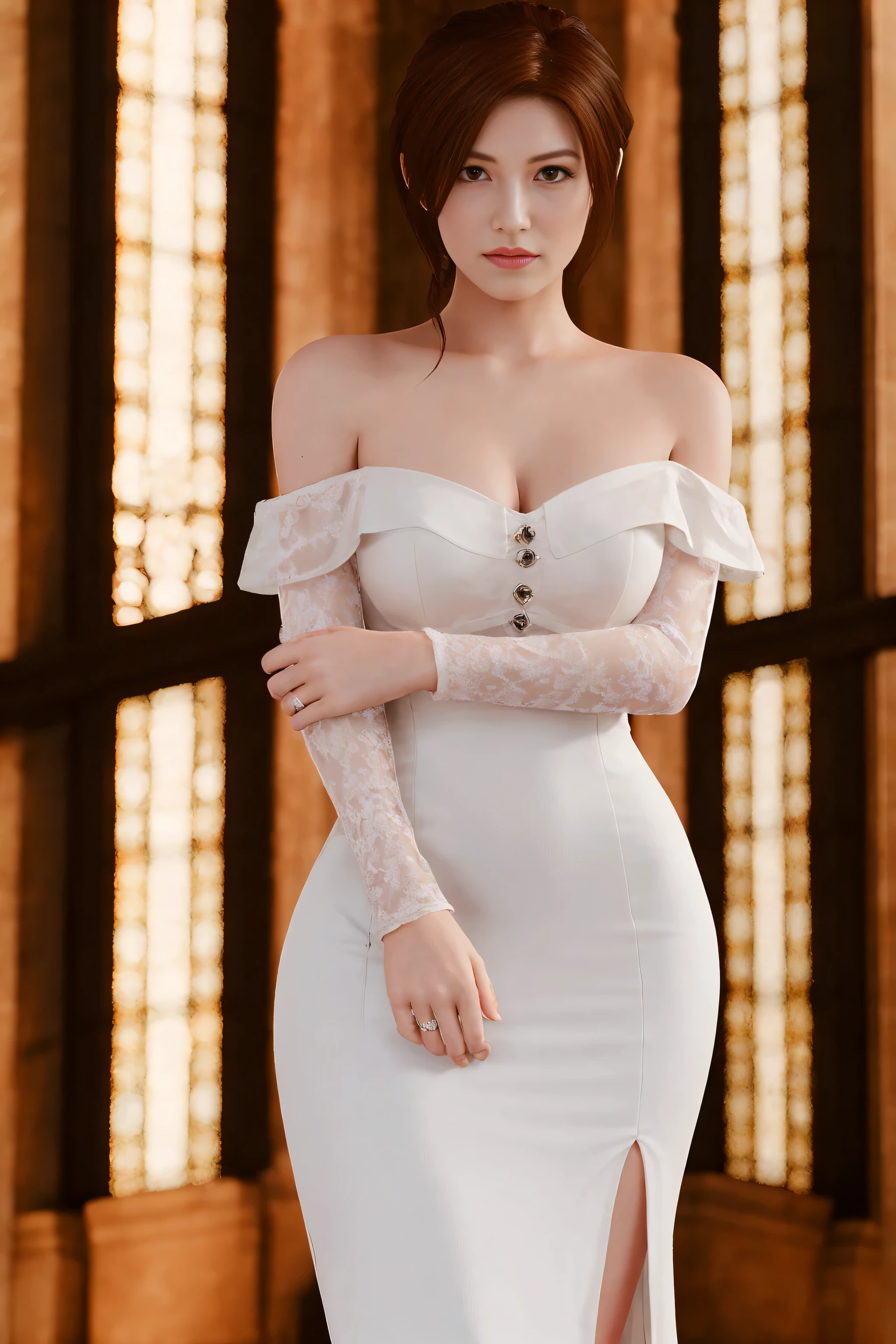 Claire Redfield from Resident Evil, posing seductively to viewer, solo:1, pov, beautiful thick thighs, realistic hands, standing
Sunny church background, long auburn hair, 3/4 body, off-shoulder buttoned wedding dress