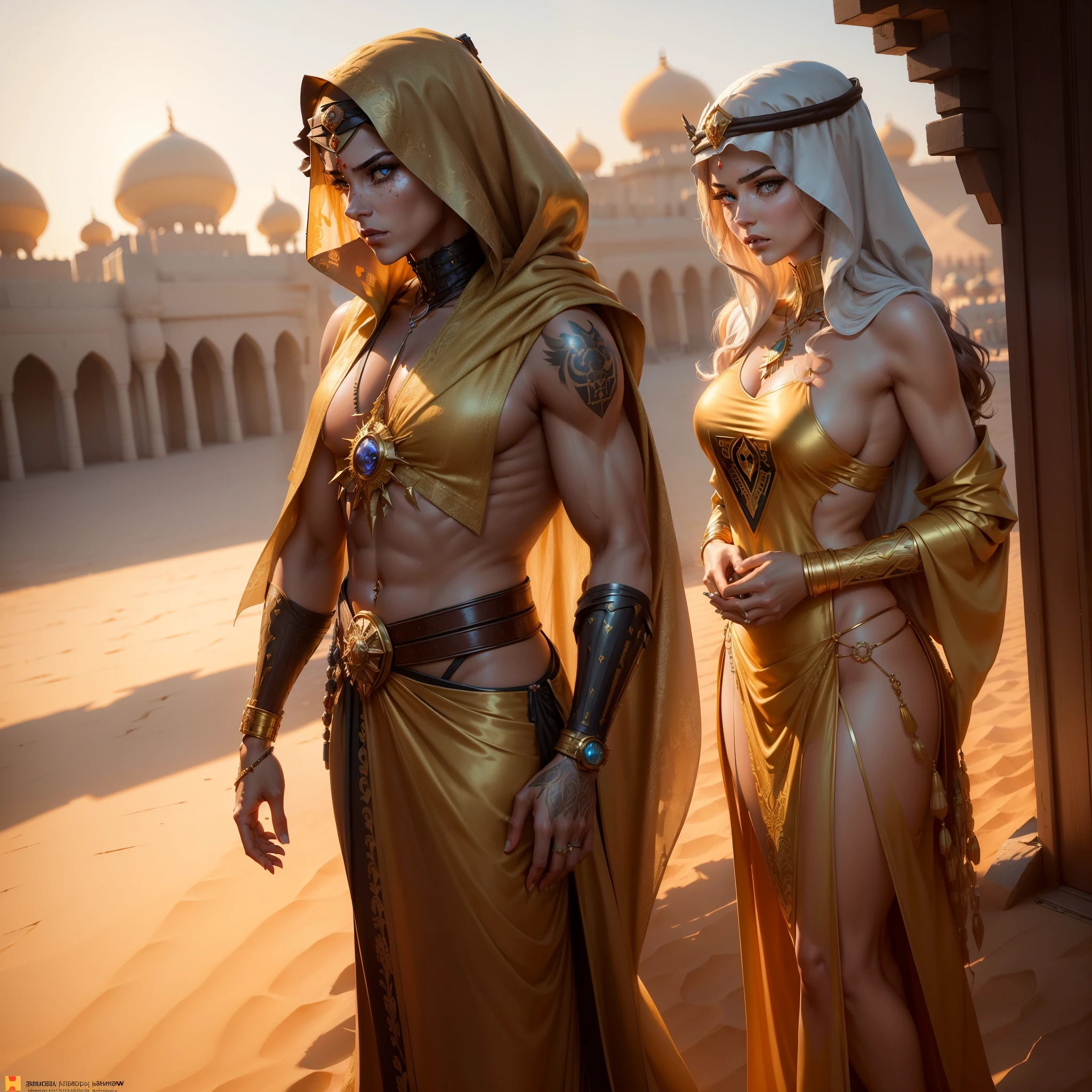 Photo of (arabian princess:1.5) Packed hall standing in the background々and衣装を着て (Cyberpunk Desert:1.3), (Exotic Royal Palace:1.5) and (sunset sky:1.2). In a complex hijab, Long vest in jewelry with gold embroidery, detailed face and eyes, (very detailed:1.4), 8K, realistic, (long dark brown hair:1.2), (young woman:1.1), Written by Jeremy Mann, Written by Sandra Chevrier, Written by Maciej Cuchara, (shadows and highlights:1.3), true shadow, 。.3D, (golden hour lighting:1.3), (by Michelangelo:0.9), Art stations and deviations, Greg Rutkowski and Alphonse Much