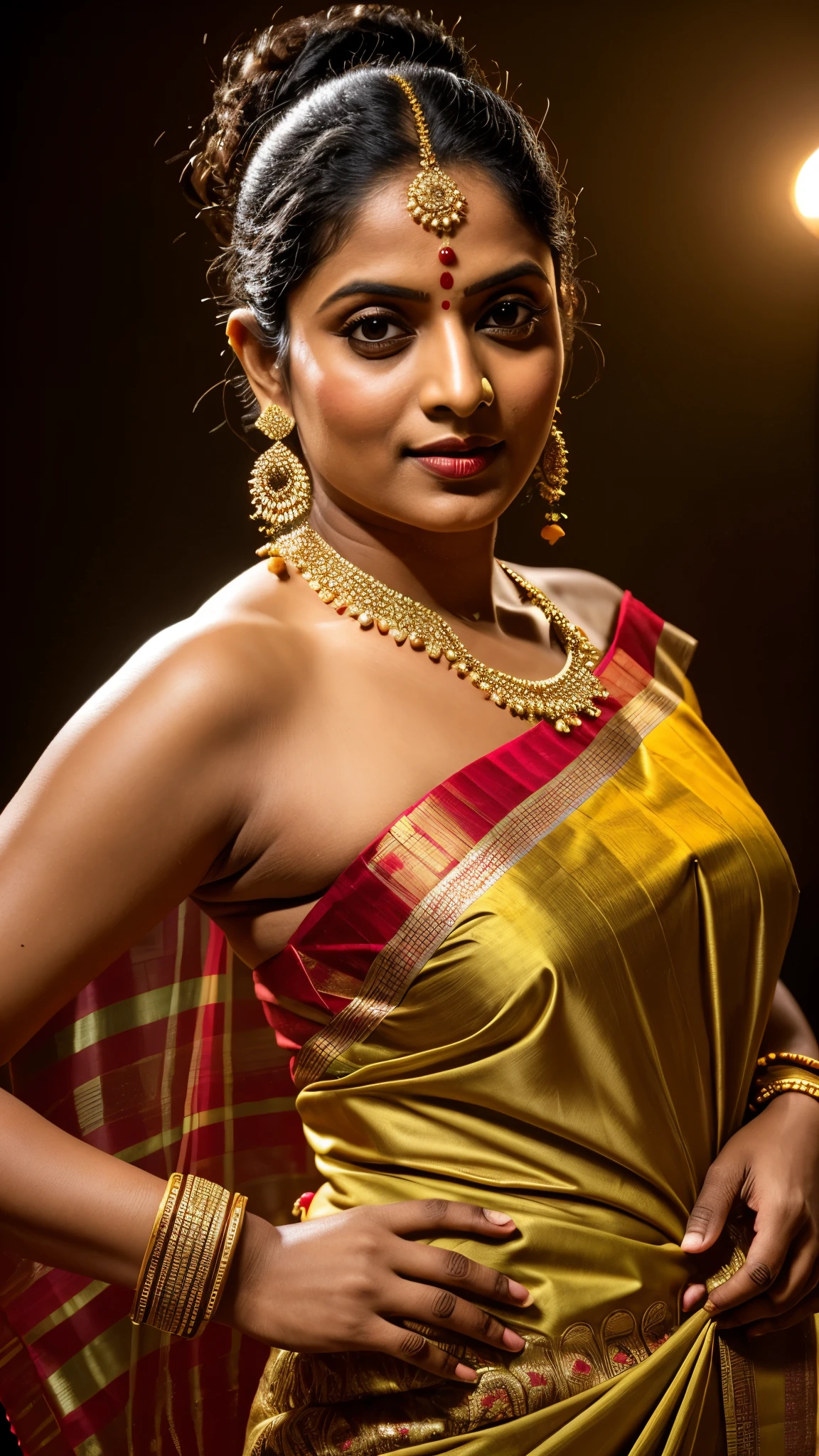 Foto RAW, photorealistic, photography, full body shot, master shot, Saree model, bengali village woman wearing Sari without blouse, bengali vintage cultural dress, bengali heritage dress, model Photography, Indian saree shoot, village woman, sensual lust, sensual beauty, erotic photoshoot, bengali village woman, bengali housewife, bhabhi, aunty, bong girl, village sari, village girl, village Sari style, vintage Indian Village Style sari draping , retro village wear, village style, no blouse saree, no blouse can be seen, traditional wear advertising photography, traditional wear brand shoot, face of Indian actress Drashti Dhami, masterpiece, realistic, realism, photorealism, high contrast, photorealistic Artstation 8k HD digital art trend of high definition and detailed realistic skin texture, ultra detail, realistic skin texture, armature, best quality, ultra high definition, (photorealistic:1.4),, high resolution, detail, raw photo, Re sharp, by Lee Jefferies Nikon D850 Film Stock Photo 4 Kodak Portra 400 Camera F1.6 Lens Rich Color Ultra Real Realistic Realistic Textures Dramatic Lighting Unreal Engine Trending at Art Station Cinestill 800,(pele altamente detalhada: 1.2), 8k UHD, DSLR, soft-lighting, alta qualidade, grain of film, Fujifilm XT3