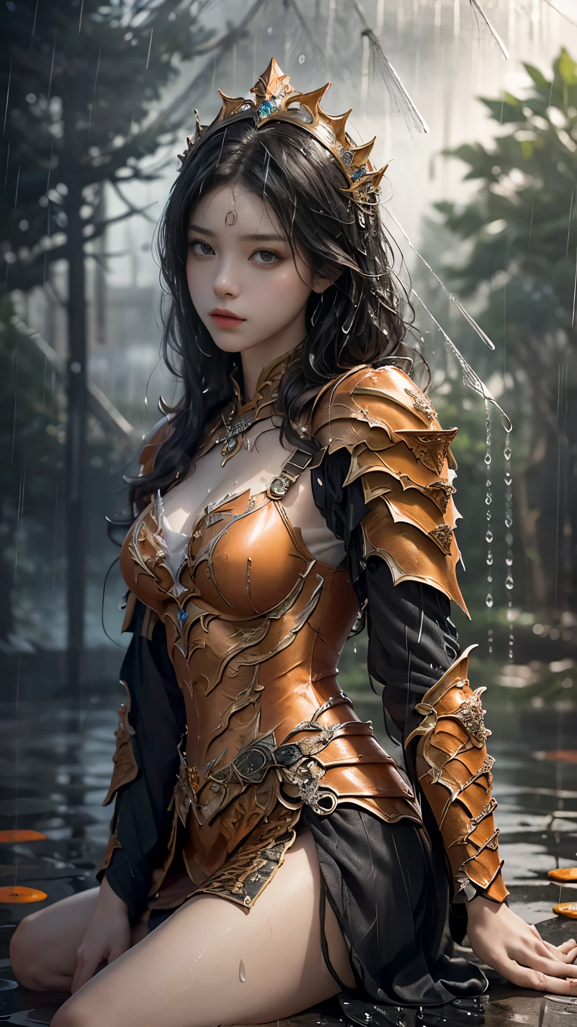 a woman in a orange armor, realistic Art Station, (hard raining:1.5), Detailed Fantasy Art, Stunning Character Art, beautiful Exquisite Character Art, Beautiful (orange Armor:1.8), Extremely Detailed, Exquisite Intricate Headdress and Jewellery, perfect body, sitting,