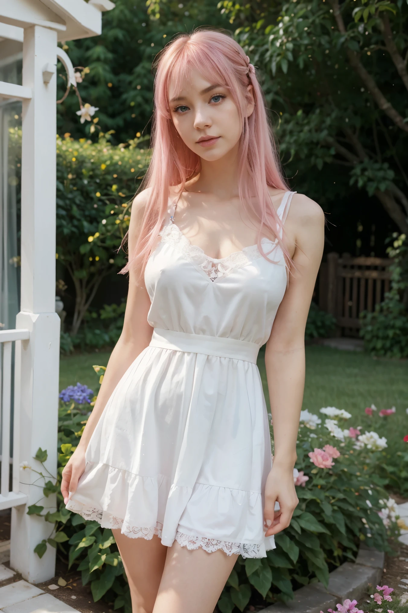 Beautiful caucasian girl, asian girl eyes, soft asian eyes, egirl style, beautiful face, beautiful pale skin, clean skin, pink hair with bangs, long pink hair, round blue eyes, charming beautiful blue eyes, defined eyebrows, dark eye liner, dark eyelashes, soft skin, cute nose, soft smile, red sexy lips, egirl makeup, cute face, flirty look, mesmerizing look, fit body, medium breasts, small waist, pink style, wearing white sundress, sundress with lace details, beautiful legs, on house garden, garden with flowers and grass, best lighting, natural light, best quality, best colors, ultra realism, highly detailed, 4k