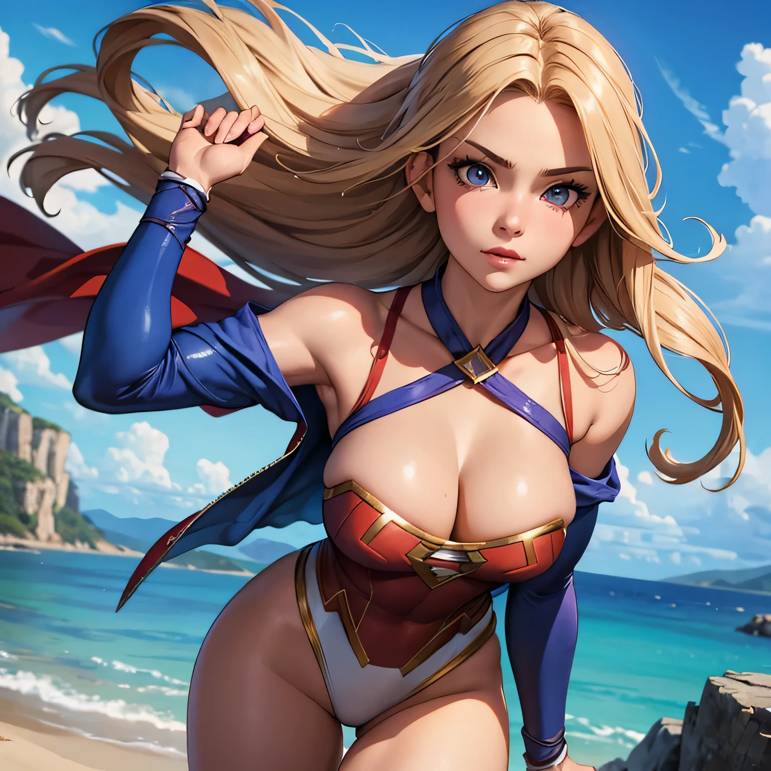 best quality, ultra-detailed, masterpiece, fine details, high res, 8k wallpaper, best quality, highres, cowboy shot, supergirl, spaghetti strap top, dynamic action, flying, doing superhero stuff, superhero, beautiful girl, woman, solo, fly, sky, cloudy sky, (cute:1.3), realistic, (cute), (detailed face), detailed eyes, detailed iris, detailed skin, masterpiece, professional photoshoot, perfect face, spaghetti strap top