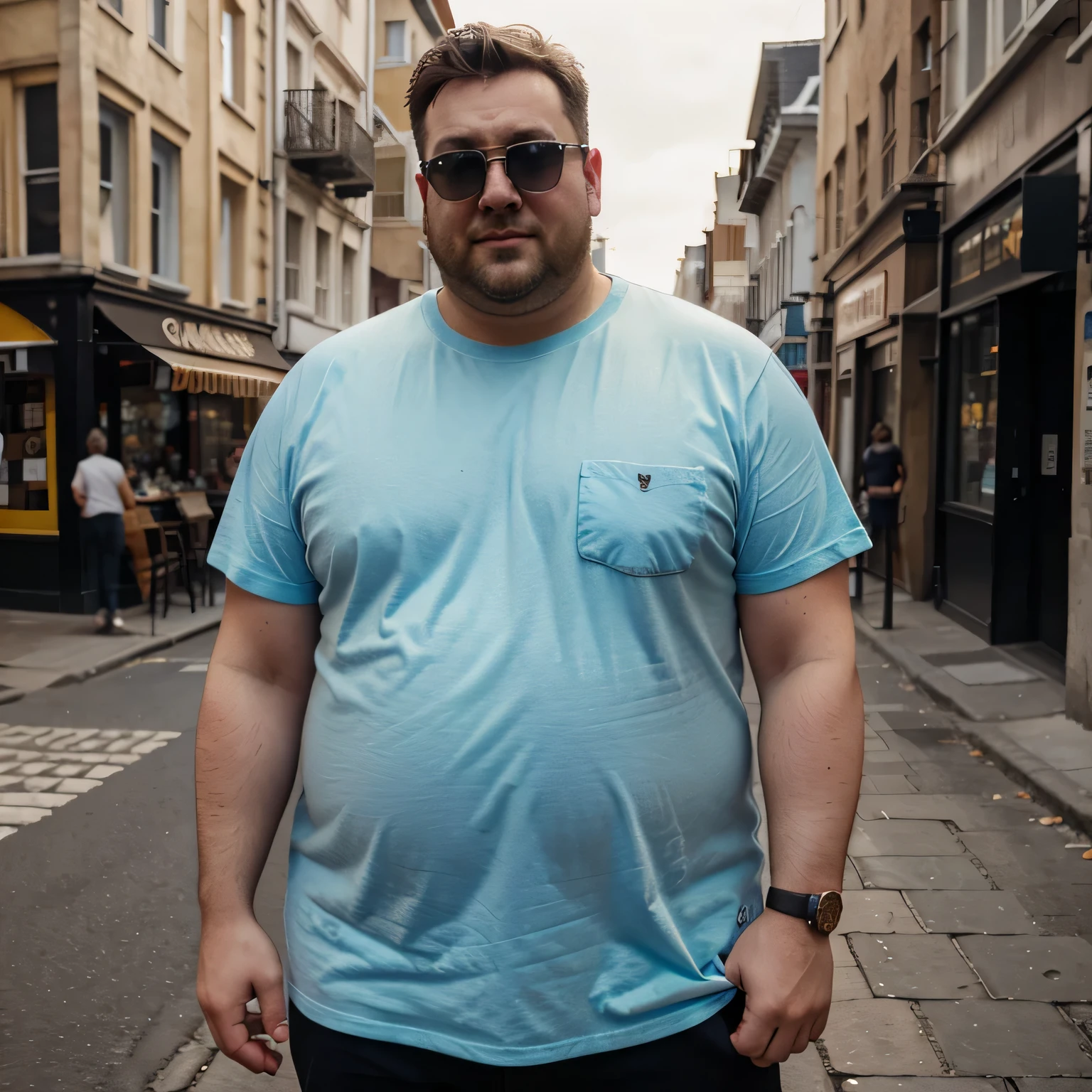 fat，British men，Solid color T-shirt，loose，Wear sunglasses，street view，