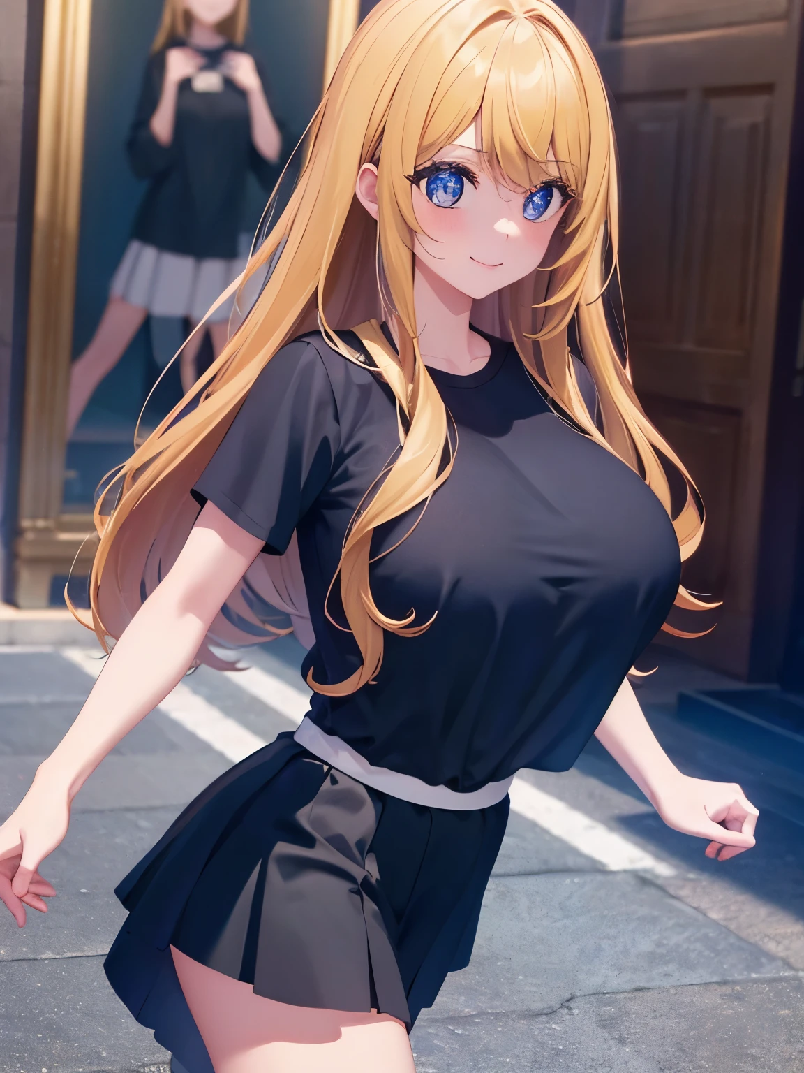 1woman,super beautiful,Morning,Walking in the north pole,morning,Pale face, sick face, sick expression,half body photo,Beautiful eyes, very detailed face,cute, tennis skirt,HD face, perfect face,black t-shirt,black t-shirt,Plain t-shirt,black mini skirt,Very big breasts,Blonde hair,long hair,wavy hair,bangs,blue eyes,ultra detail,ultra Hd, masterpiece,4k