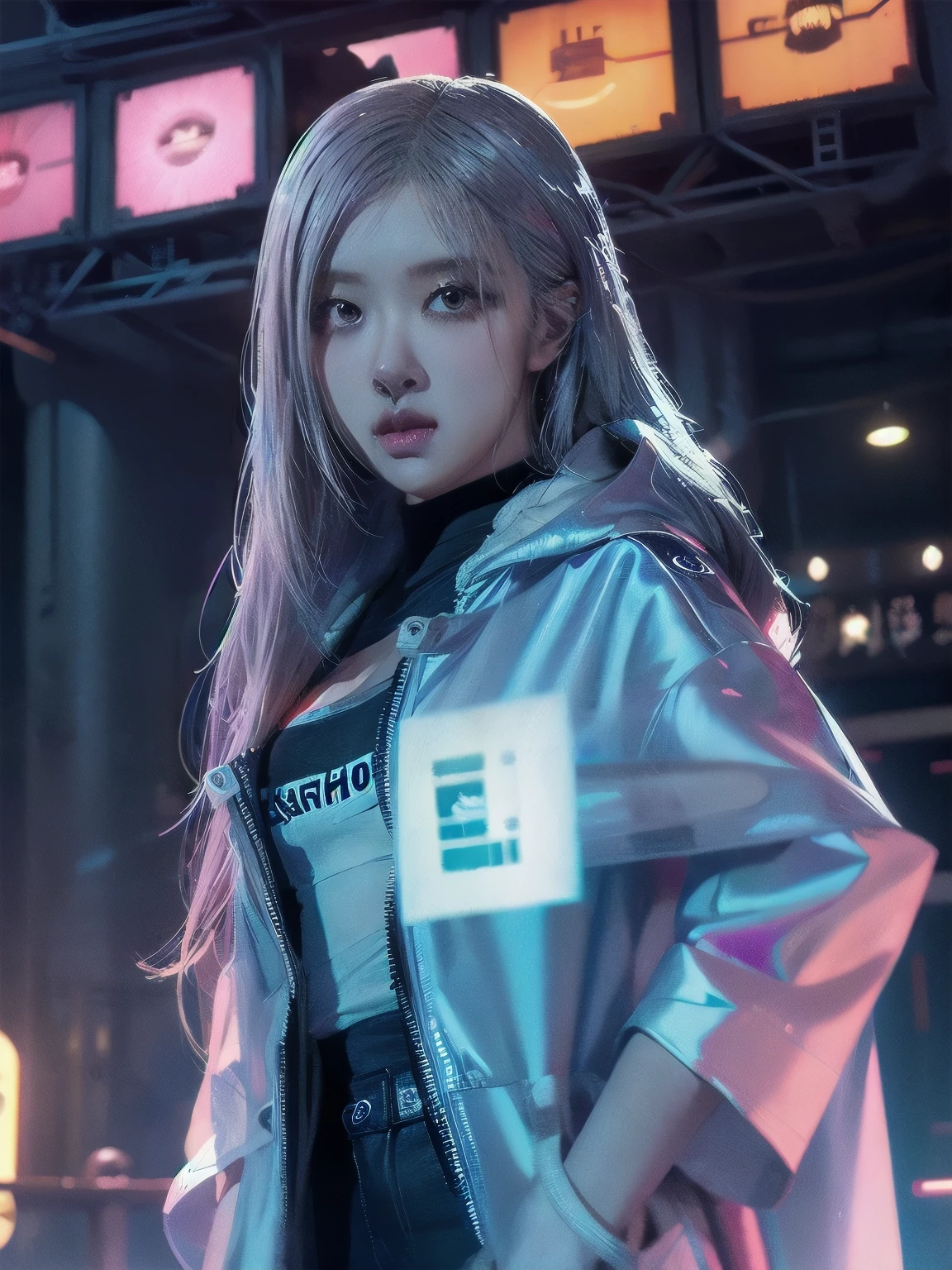 one-girl.long whitr hair,see-through raincoat,Laser set,Hologram effect,vivd colour,Cyberpunk Mechanical City,Scenes,dream,neonlight,Styled from BladeRunner 2049,Soft rubber,Dream fog,movie lighting,natural soft light,depth field effect,c4d,Blander,3D,2.5 days,high detal,high high quality,A high resolution,k hd,8k--ar+3:4--niji5SD large model