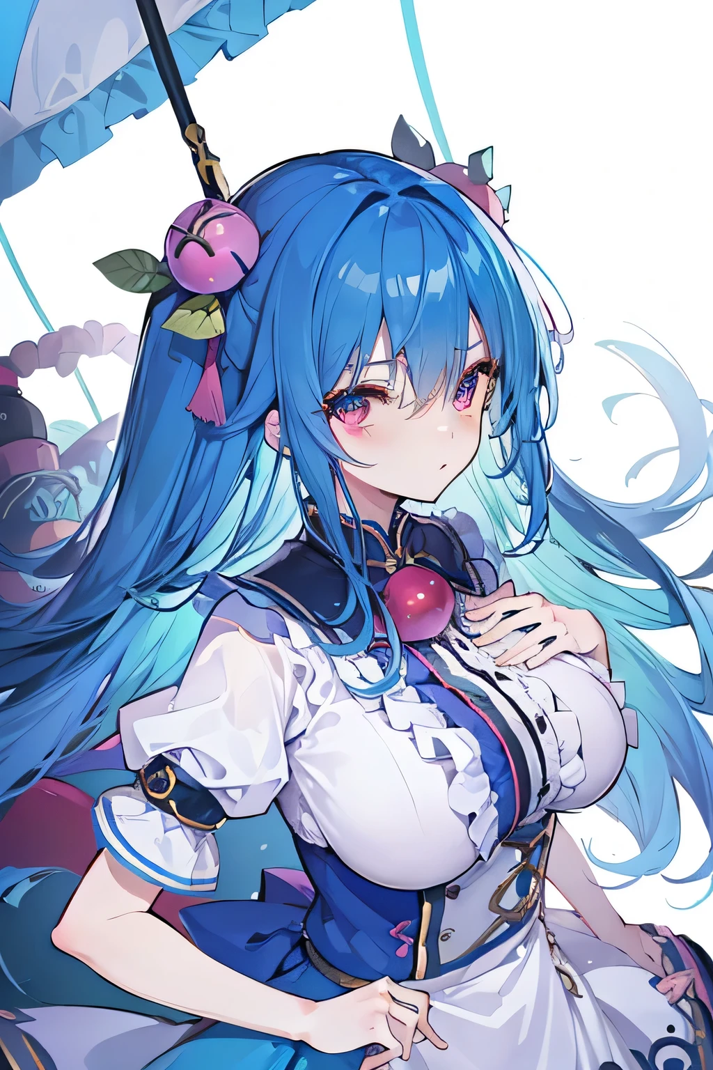 (masterpiece),best quality, expressive eyes, perfect face, 1girl,
big breasts, H cup, Good breasts, Put your hands on your waist,Fair, Gorgeous,japanese manga,girl,Laura,young angel, blue hair, blue haired,tent , tent chest, tent breast, floating clothes,grab your waist, grab your waist