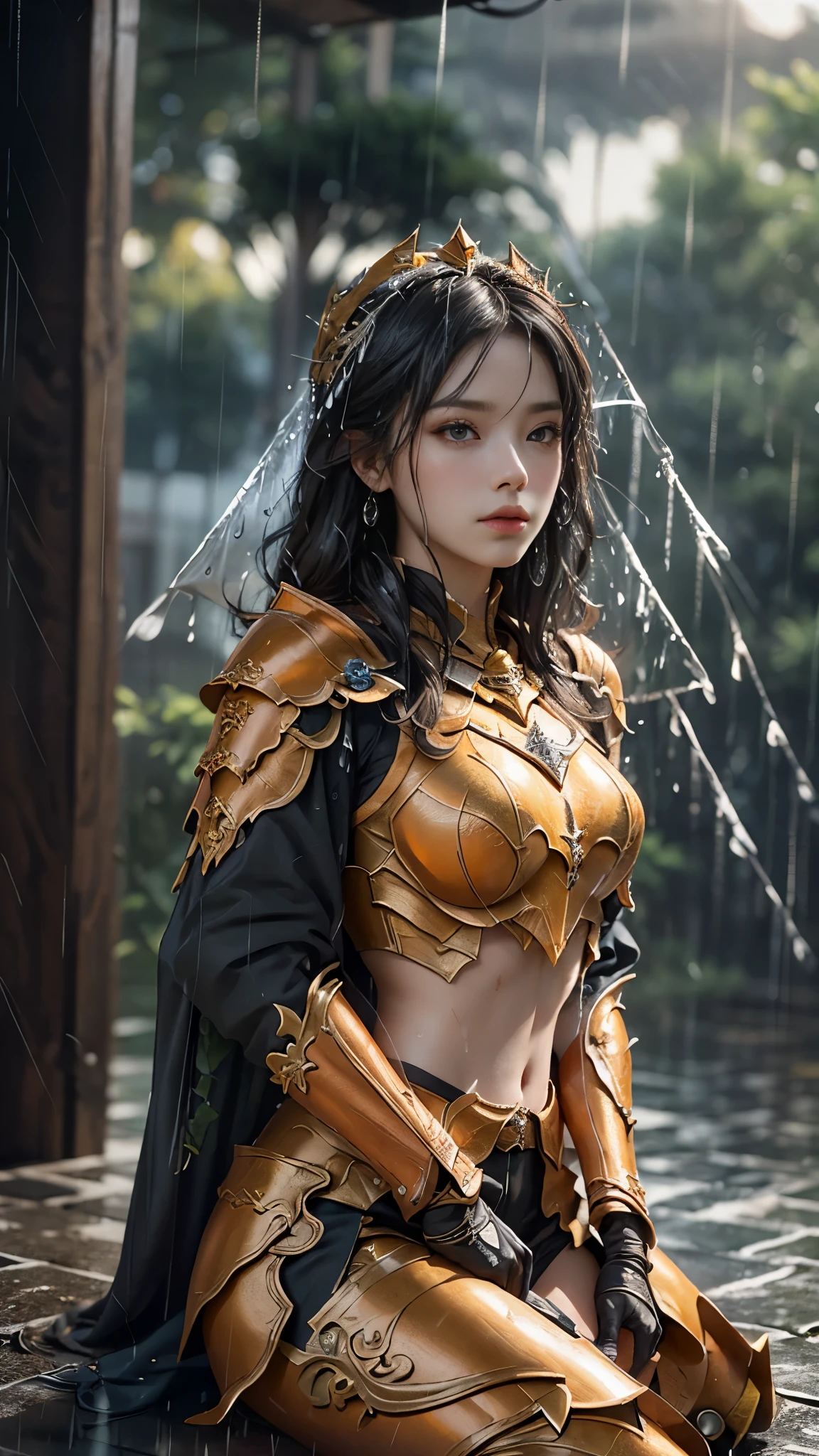 a woman in a orange armor, realistic Art Station, (hard raining:1.5), Detailed Fantasy Art, Stunning Character Art, beautiful Exquisite Character Art, Beautiful (orange Armor:1.8), Extremely Detailed, Exquisite Intricate Headdress and Jewellery, perfect body, sitting,