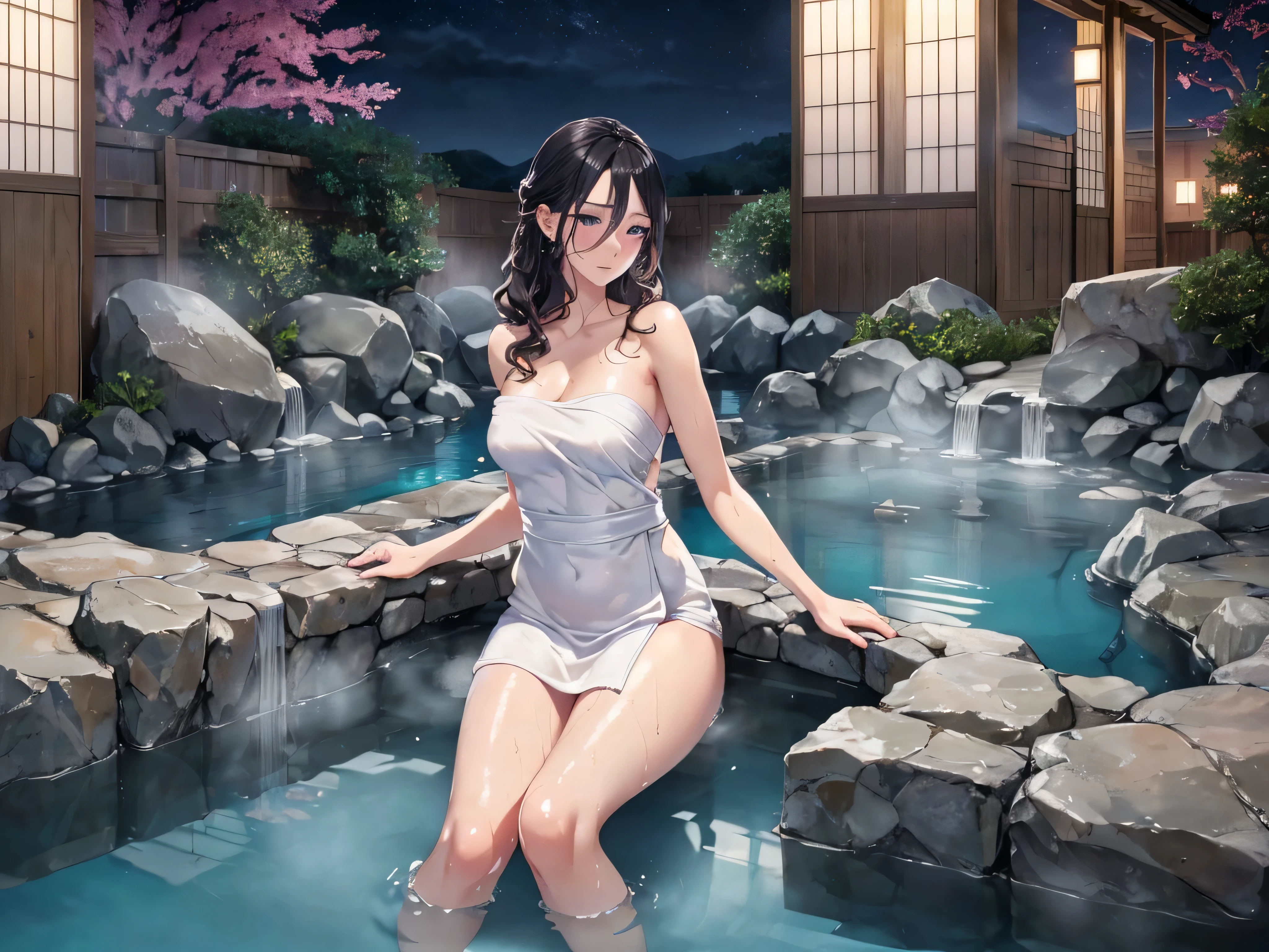 1girl, White hair, Purple eye, sportrait, photorealestic, Towels, (onsen), sidelighting, wallpaper, nsfw, After sex into high resolution 1080P lower body naked full body