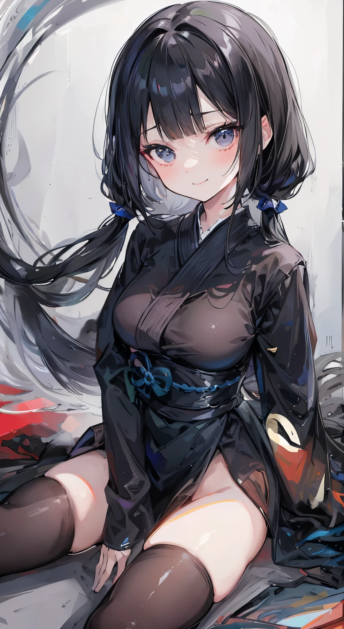 ((masterpiece,best quality))、only one woman、All-black ninja costume、black eyes、black low pigtails、blunt bangs、hime cut、black gloves、Japanese、smile、 delicate hands、anime、illustration、Two dimensions、beautiful girl,sitting straight,Erase extra arms,Erase extra legs,Erase extra fingers,no collar