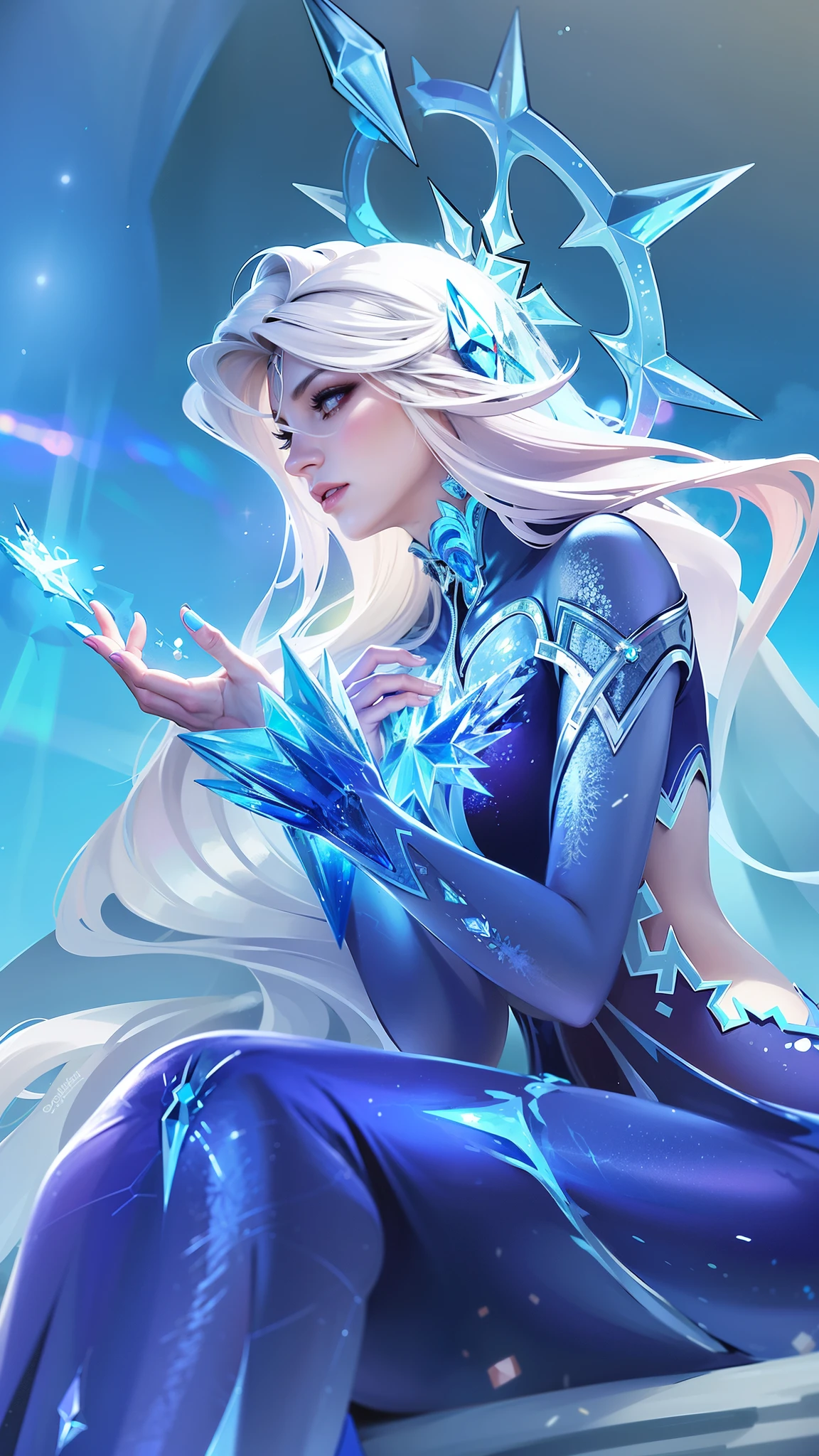 there is a woman sitting on a rock with a crystal in her hand, ice sorceress, queen of ice and storm, ice mage, ice queen, crystalline skin, beautiful ancient frost witch, ice spell, goddess of winter, beautiful celestial mage, crystal maiden, ig model | artgerm, extremely detailed artgerm, artgerm detailed