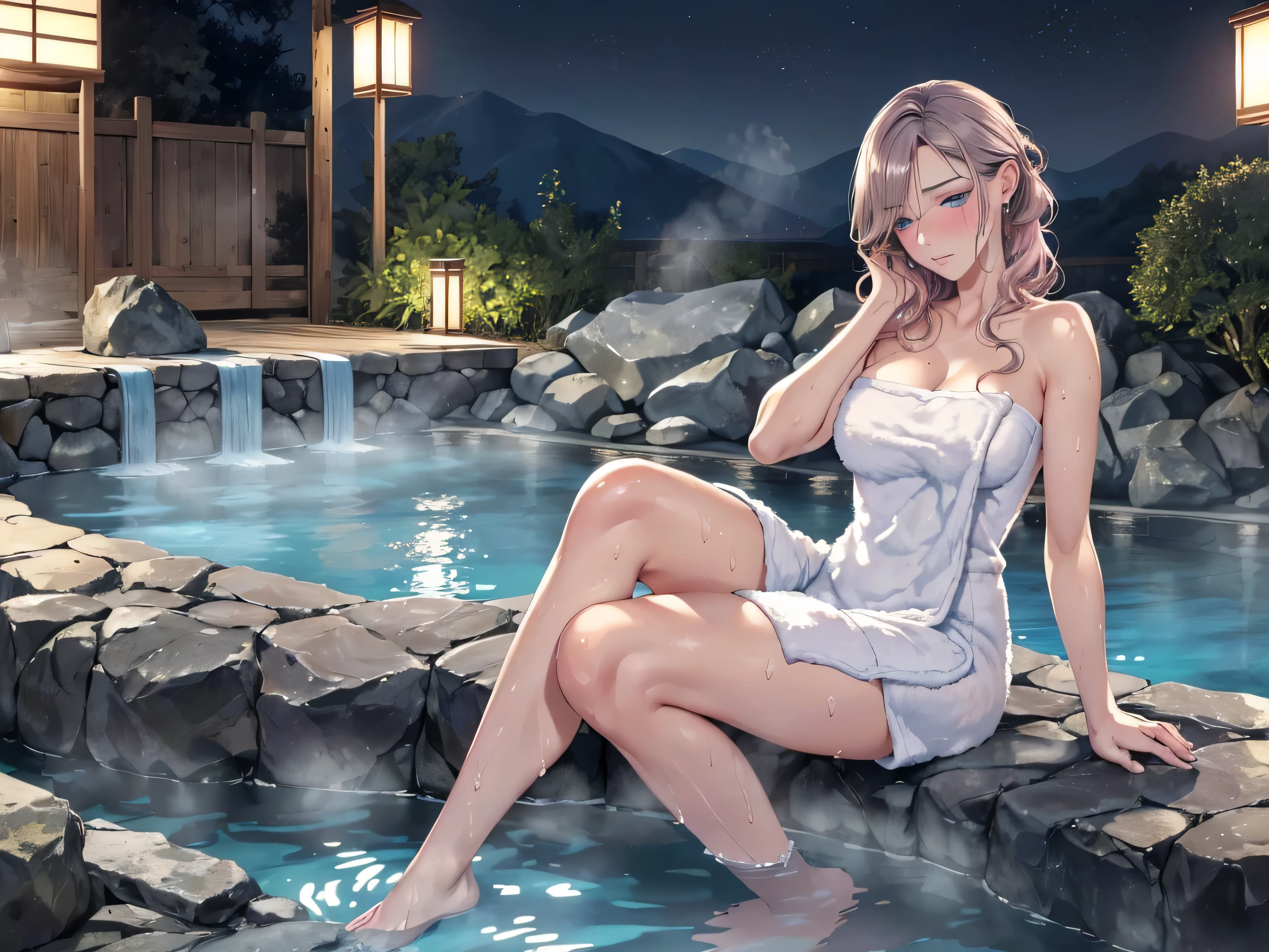 (((ultra high definition))), masterpiece, best quality, 8K, Accurate description, Carefully painted, Meticulous details, ((Open-air hot spring in Japan at night, Traditional large hot spring pool, stones by pool, steam)), a girl, White skin, perfect face, (light brown, Technical bleaching and dyeing, wet, Extra long curly hair), ((cute look)), Detailed depiction of facial features, blue shining eyes, long eyelashes, double eyelids, 有Sweat, pink moist shiny lips, Shiny earrings, Close your eyes and enjoy, blush, ((Mature and charming figure)), Beautiful body, perfect body structure, small breasts, ((Nude bath towel)), seductive cleavage, Sweat, (Take a rest when you are tired), (Perfectly detailed hand-drawn renderings), (Slender smooth legs), perfect feet, Soft dynamic light, Cinematic feel, perfect composition, ((full body image)), Rich environmental details, dark environment