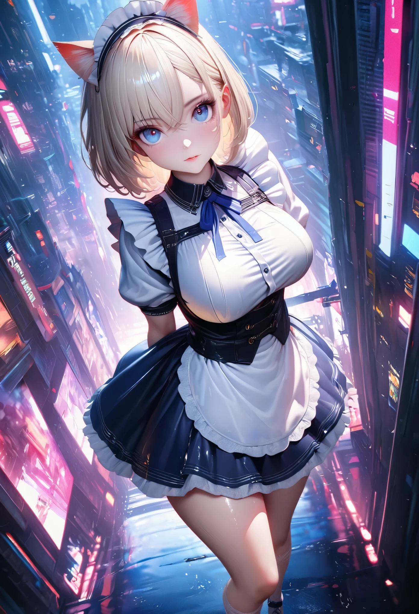(masterpiece:1.3), (8K、best quality:1.3), Highest image quality, intricate details, high resolution, depth field, Natural light, professional lighting, (1 girl), (solo), gravure, (A very beautiful 18 year old British girl), (very beautiful:1.3), (very cute face:1.3), (Beautiful face with perfect symmetry), (high detail skin: 1.2), Photorealistic anime girl rendering, Realistic anime 3D style, beautiful platinum blonde hair, bob cut, crossed bangs, asymmetrical bangs, eyelashes, intense red eyes, strong eye highlights, (awesome cat ears:1.3), very big breasts, perfect anatomy, (beautiful platinum blonde hairのミドルウェーブヘア), (beautiful blue eyes, Beautiful eyelashes、realistic eyes)), dynamic angle, ((perfect anatomy)), ((english maid, white frilled maid headband, ruffle blouse, ribbon tie, apron, navy blue skirt, silk socks, high heels)), ((silk lace panties, shiny thighs)), (Angle looking up), it's raining, my body gets wet from the rain, Decadent and futuristic urban area in the evening, (cyberpunk city), (futuristic car, flashing red light), (lightning is shining), volume lighting, soft light, Bright colors, watercolor painting, bright colors, Create digital artwork in pop art style