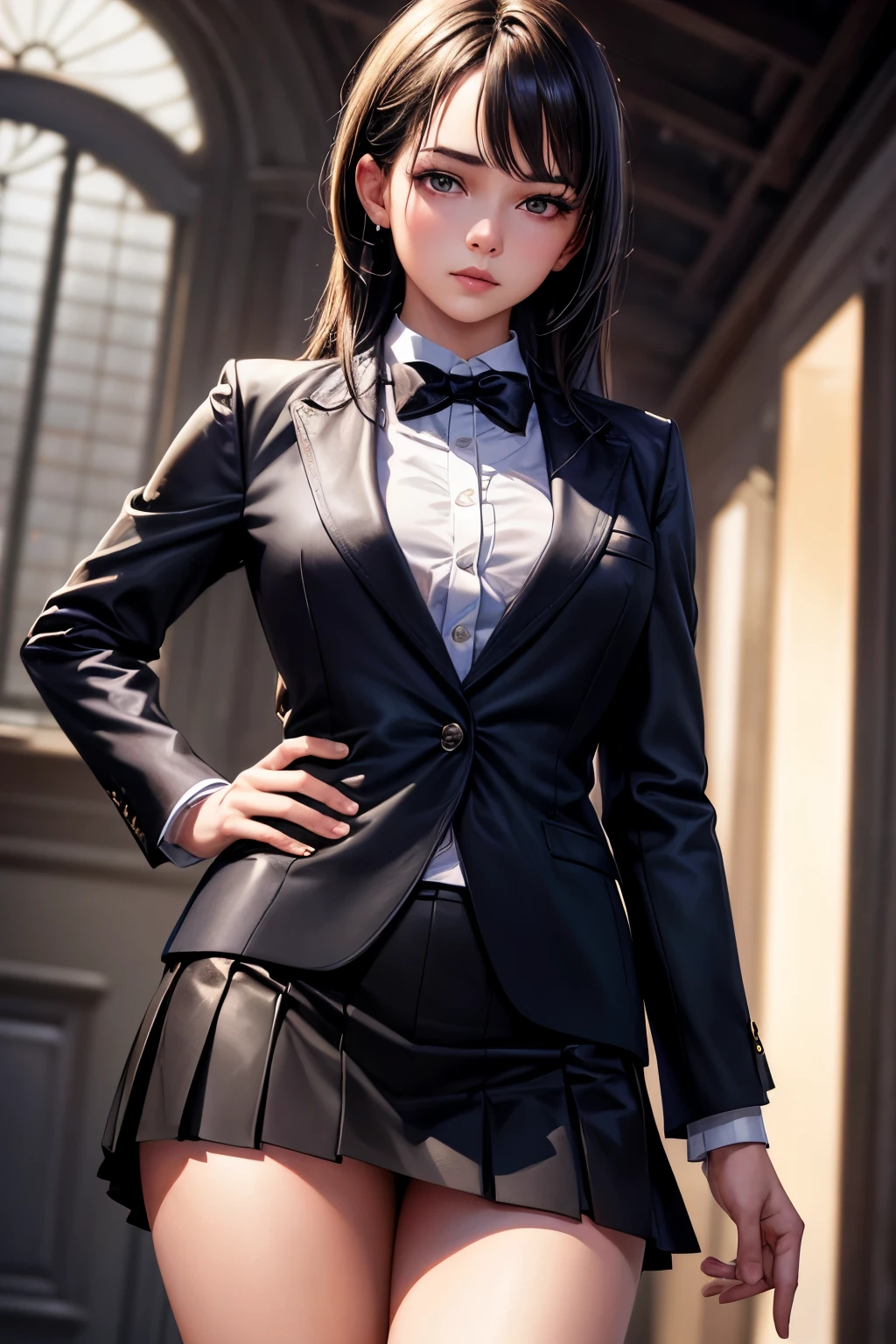 Top Quality, Masterpiece, 1 Girl, Beautiful Face, (Photorealistic Picture:1.3), Rim Lighting, (High Detail Skin:1.2), 8K UHD, DSLR, High Quality, High Resolution, 4K, 8K, Bokeh, Absurdity, Best Ratio Four Fingers and One Thumb, (Real:1.3), Small Face, Cute One Girl, Black Formal Blazer, Middle Breast, Short Skirt,Office