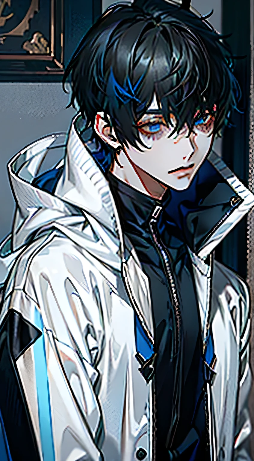 masterpiece, high quality, Super detailed, 2 boys, by 2 person, dark black short hair,Pure White Shorthair、 black hoodie、white hoodie、red eyes、blue eyes