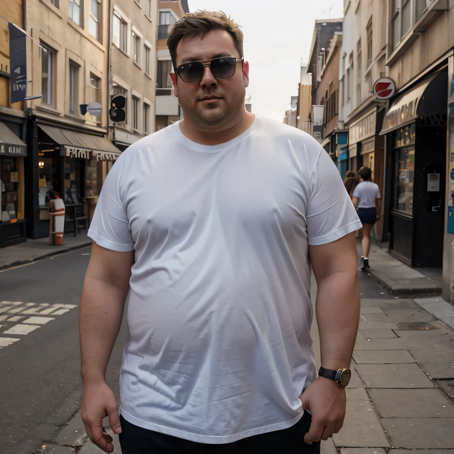 fat，British men，Plain white T-shirt，The top is very loose，Wear sunglasses，street view，full-body shot