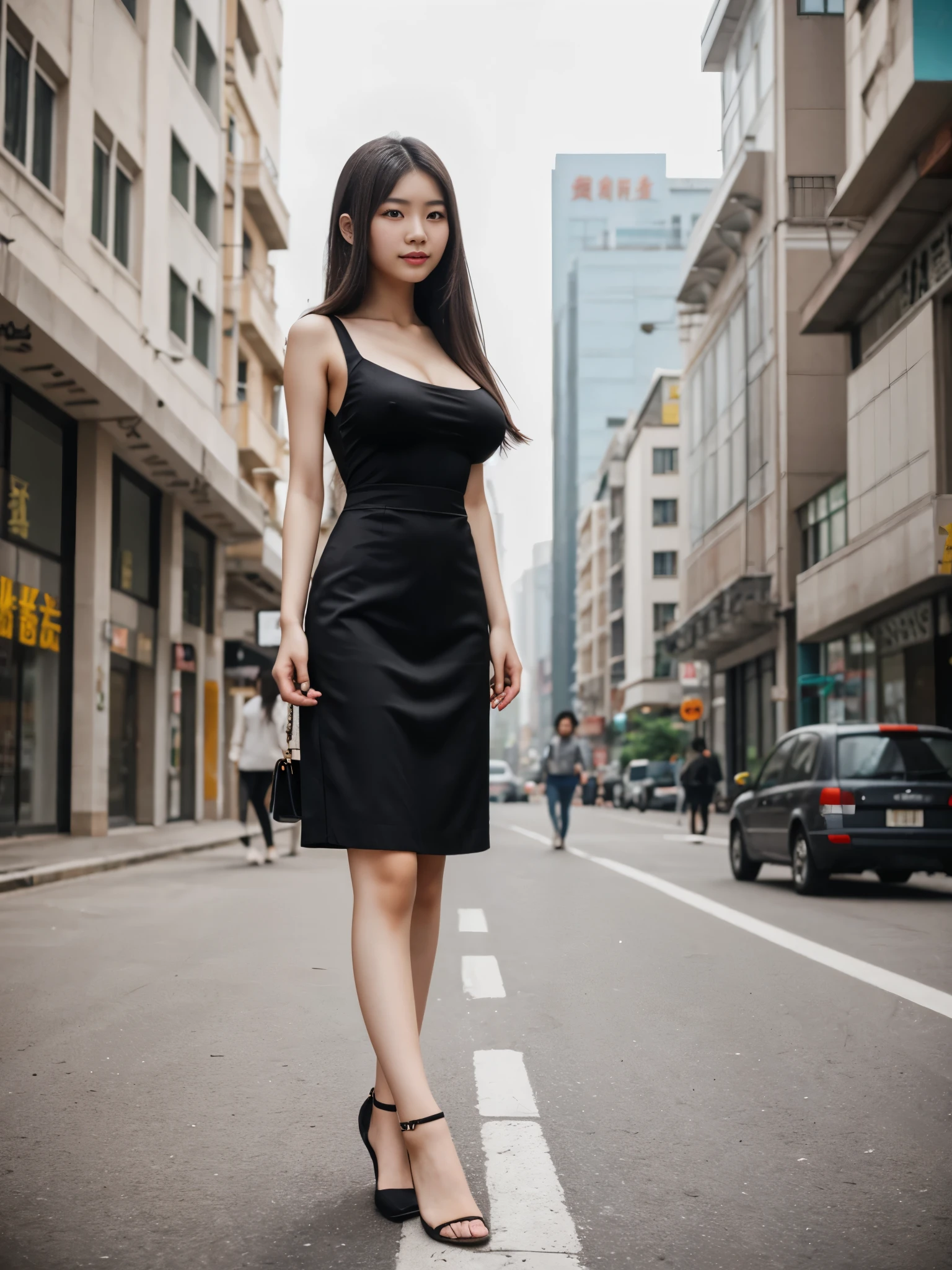 Cute Chinese girl, 20 years old, long hair, slim body, huge breast, fashion clothes, on a street