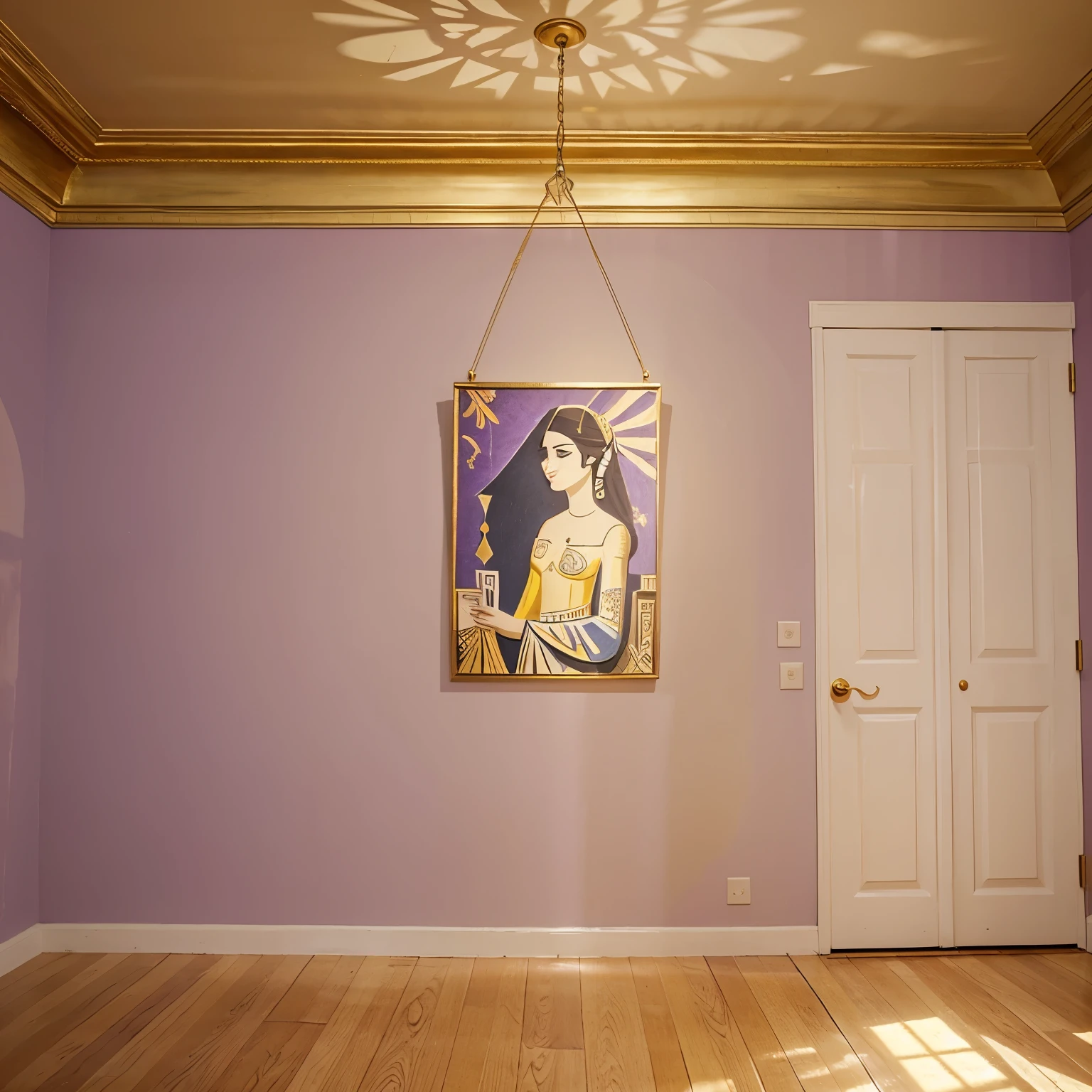 create a backdrop of a wall with lilac and gold lights with a famous Picasso painting hanging