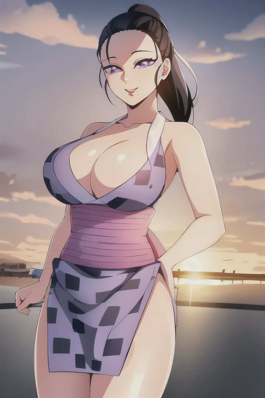 (masterpiece, best quality, extremely detailed CG, 1.2), 8k wallpaper, glistening shiny, glowing light, ray tracing, HDR, deph of field, (perfect face), HD, perfect lighting, ((cowboy shot, looking at viewer: 1.5)), smile,
HinatsuruKNY, black hair, ponytail, purple eyes, sleveeless, bare shoulders, ((short kimono)), open forehead, lipstick, hair pulled back, cleavage, fishnet legwear, sandals, kimono, short kimono, long hair,pelvic curtain, mole under eye, double slit, large breasts, huge breasts, night theme, ocean in background