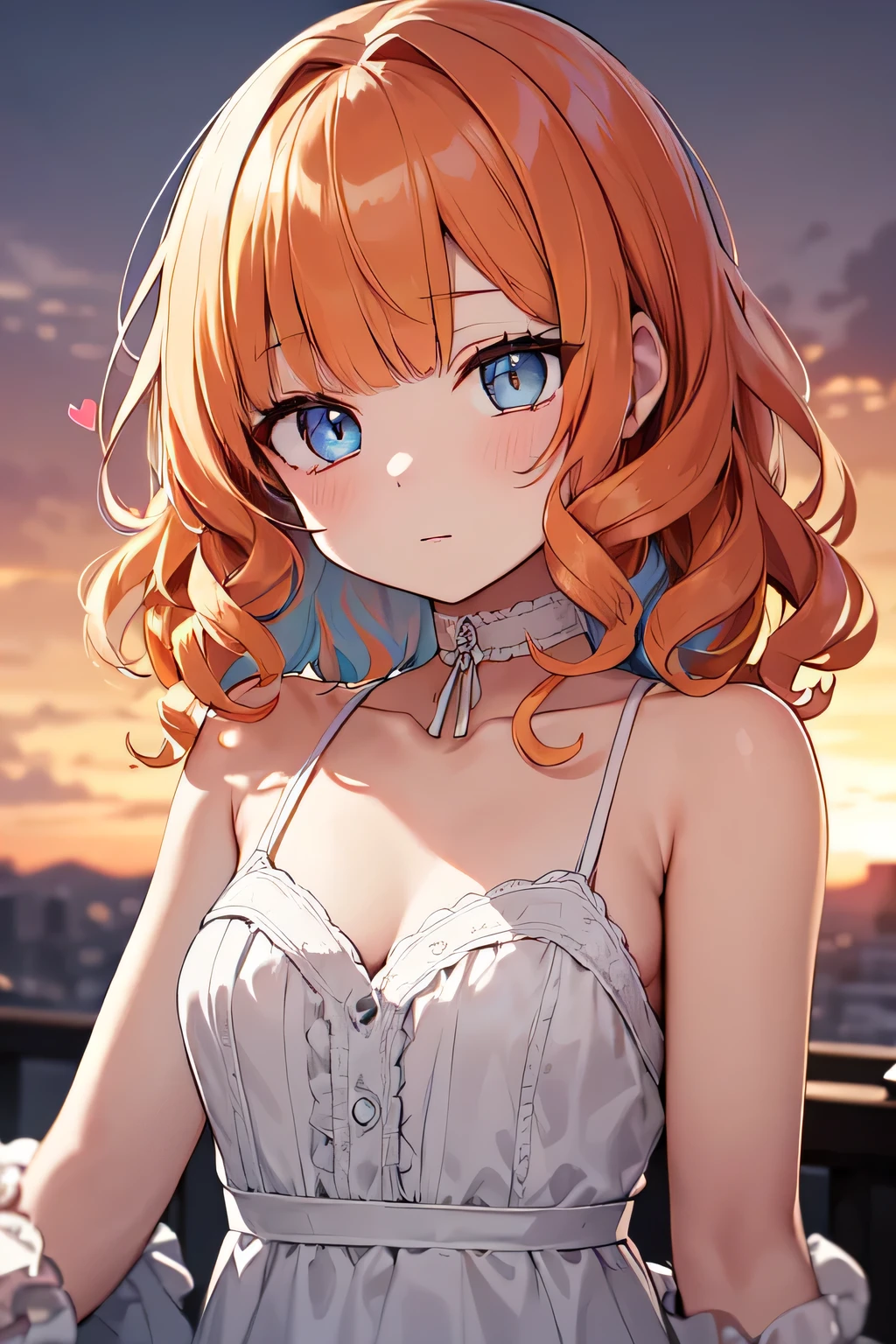 ((light orange hair)), ((with bangs)),  (((medium hair))), ((curly hair)), (silky hair), sunset eyes, multicolored eyes, (white victorian sundress), (depth of field), ((beautiful detailed eyes)), ((heart choker)), (elegant and beautiful girl)