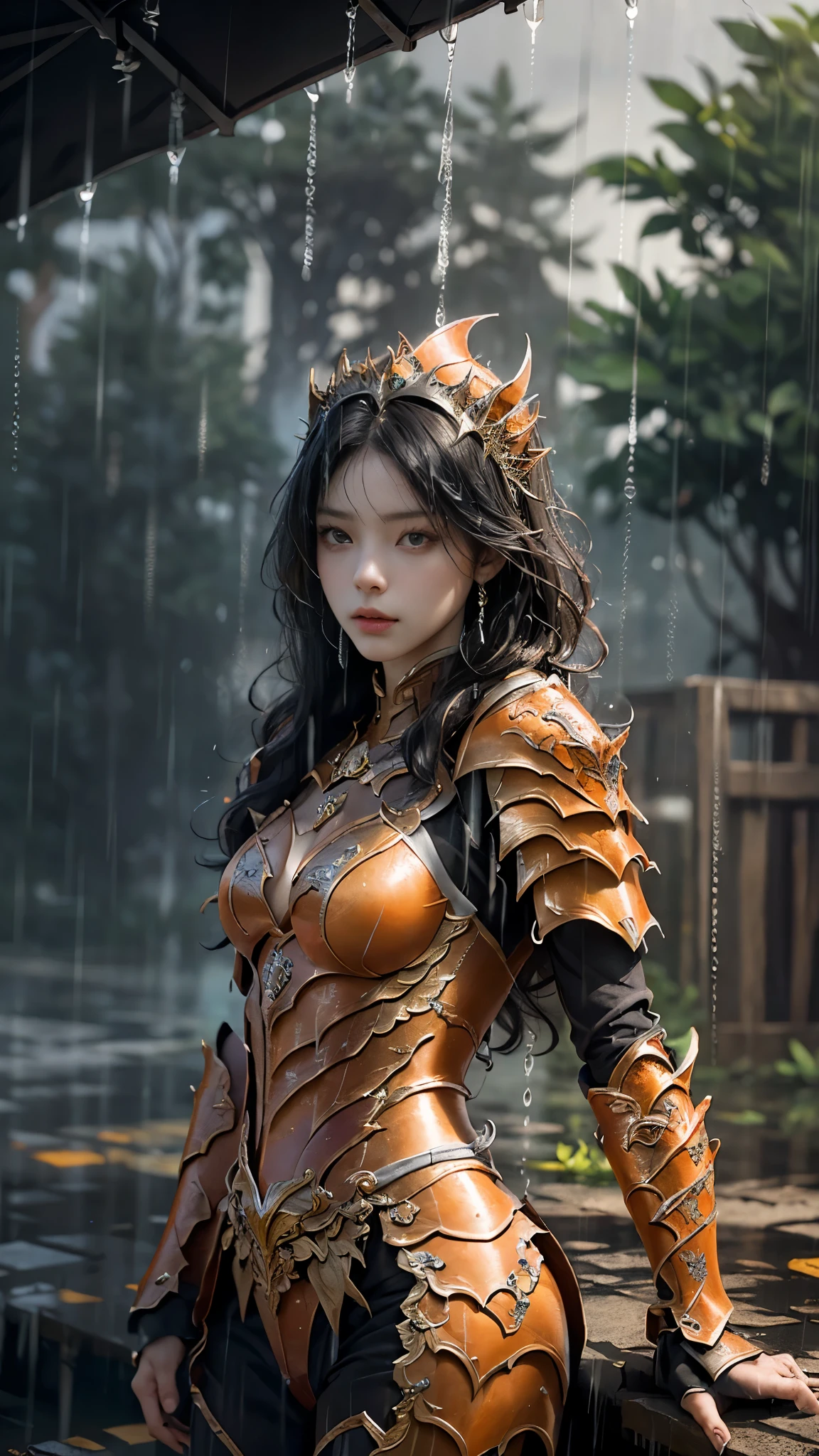 a woman in a orange armor, realistic Art Station, (hard raining:1.5), Detailed Fantasy Art, Stunning Character Art, beautiful Exquisite Character Art, Beautiful (orange Armor:1.8), Extremely Detailed, Exquisite Intricate Headdress and Jewellery, perfect body,