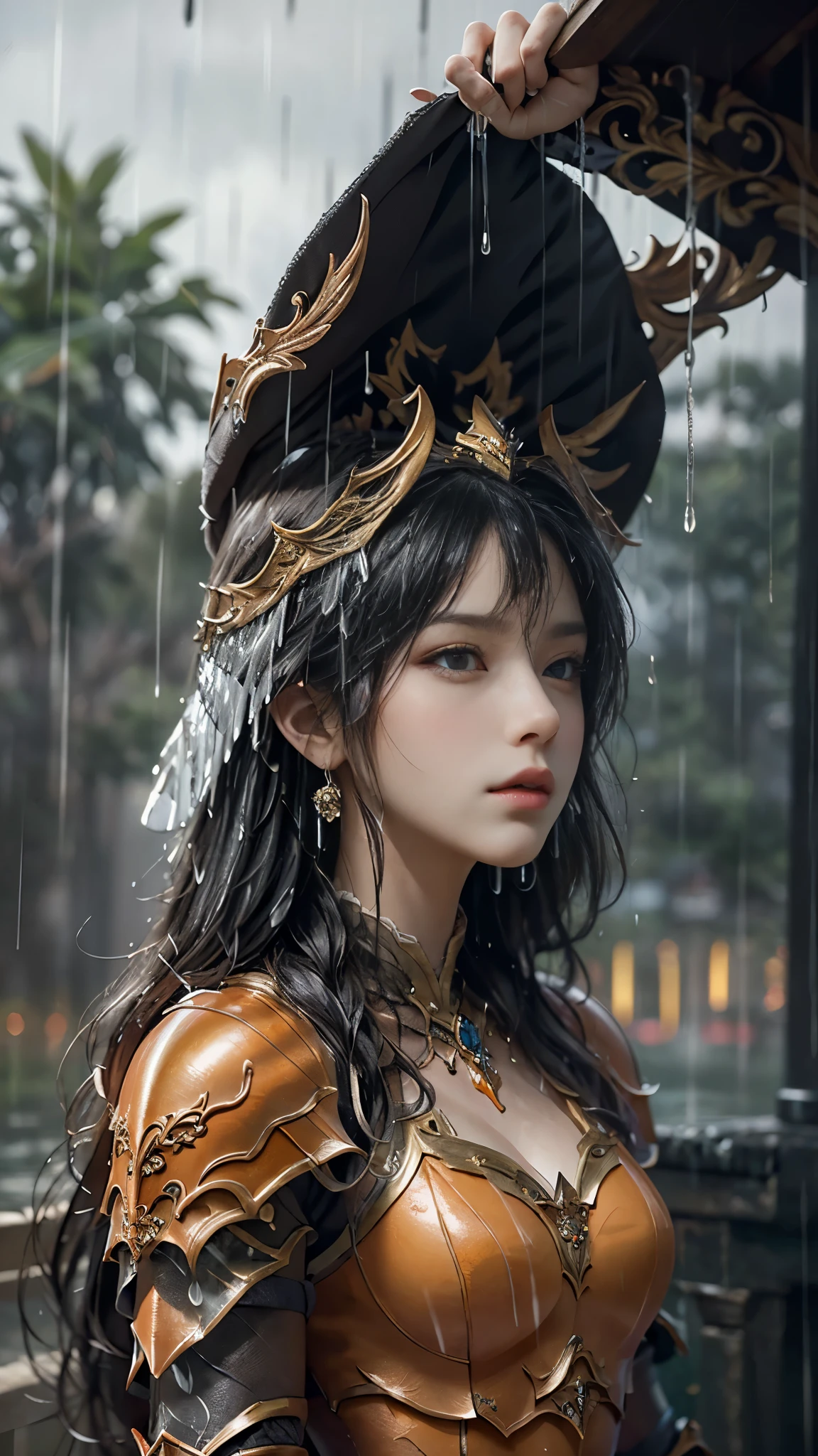 a woman in a orange armor, realistic Art Station, (hard raining:1.5), Detailed Fantasy Art, Stunning Character Art, beautiful Exquisite Character Art, Beautiful (orange Armor:1.8), Extremely Detailed, Exquisite Intricate Headdress and Jewellery, perfect body,