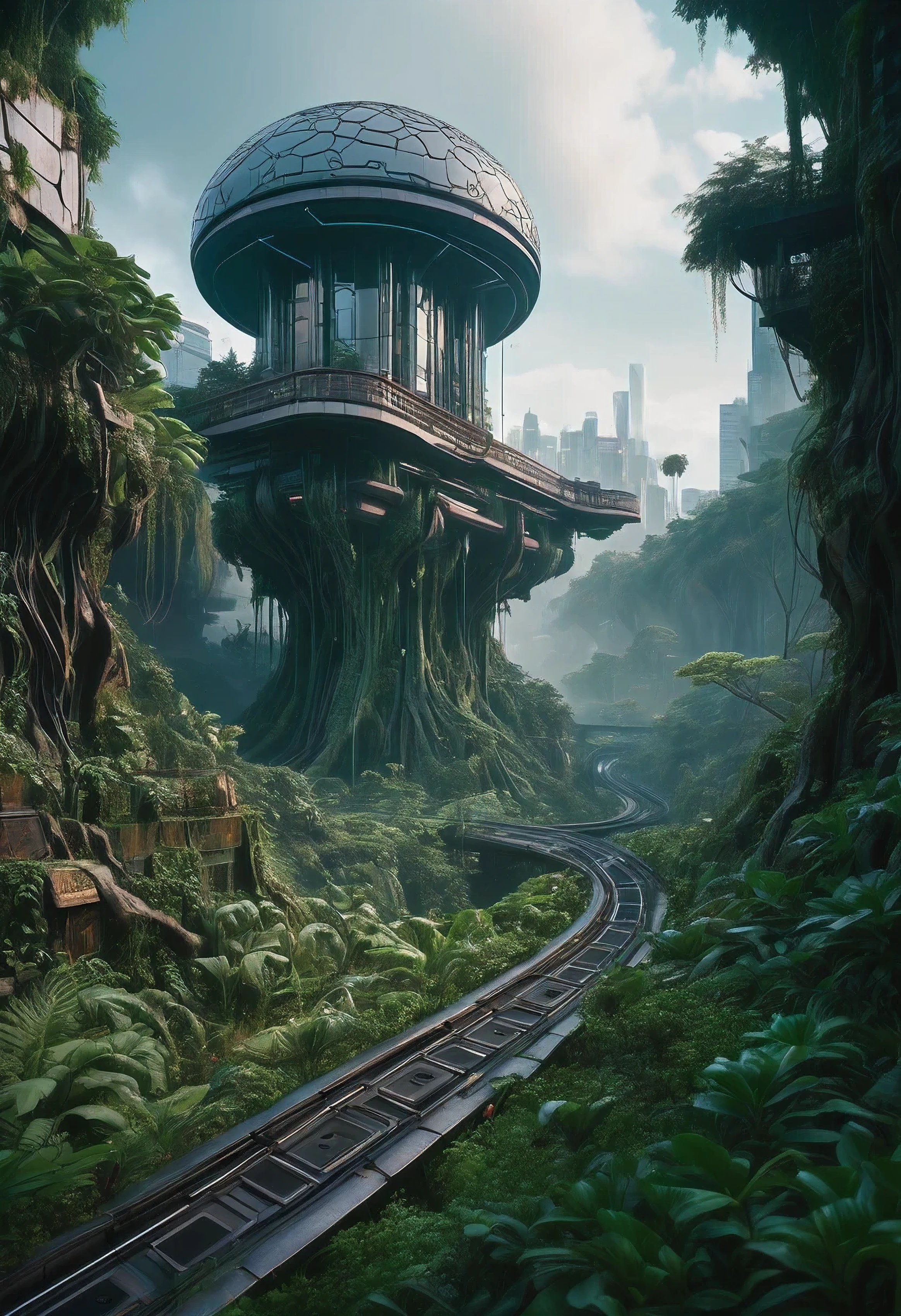 (cyberpunk style)), Hi-Tech city, mechanical enhancement, (high-tech fantasy), robotics, blade runner 2049, Ghost In The Shell, ultra realistic,, background in jungle Futuristic Citizens in the style of Photo real, hyper-realistic, high dynamic range, rich colors, lifelike textures, 8K UHD, high color depth, Nikon D 850, Kodak Portra 400, Fujifilm X Imagine a world where time and reality are twisted into an otherworldly landscape, much like the surreal and gothic scenery in the provided image. The video opens on a vast, desolate expanse where colossal tree-like structures rise from the ground, their branches morphing into intricate patterns that defy nature's laws. Sinister skulls and all-seeing eyes adorn the grooves of the woodwork, while an enormous clock ticks backwards, its hands moving in reverse as if unwinding the fabric of time. The sky is a tapestry of tumultuous clouds that churn in fast-forward, casting unsettling shadows over the barren, maze-like terrain below. Every texture is hyper-detailed, resembling a high-definition painting that pulsates with an ominous energy. The colors are muted yet profound, with deep blues and greens contrasting against the copper tones of the twilight sky. In this brief but hauntingly beautiful animation, the essence of the painting is brought to life, encapsulating a universe where gothic fantasy and temporal enigmas reign supreme