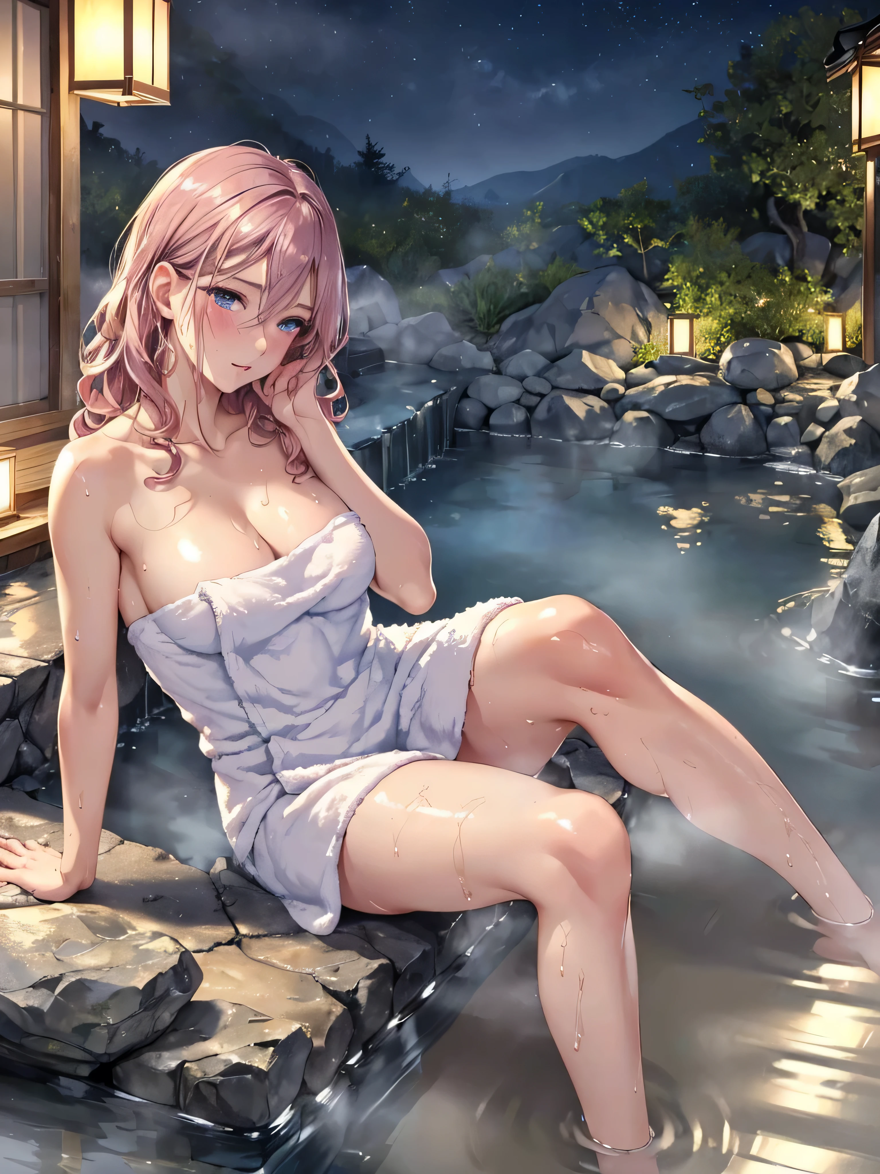 (((ultra high definition))), masterpiece, best quality, 8K, Accurate description, Carefully painted, Meticulous details, ((Open-air hot spring in Japan at night, Large old hot spring pond, Soak in hot spring water, steam)), a girl, White skin, perfect face, (light brown, Technical perms and dyeing, wet, Extra long curly hair), ((cute look)), Detailed depiction of facial features, blue shining eyes, long eyelashes, double eyelids, 有Sweat, pink moist shiny lips, Shiny earrings, Close your eyes and enjoy, blush, ((Mature and natural figure)), Beautiful body, perfect body structure, small breasts, side boob, ((bath towel)), seductive cleavage, Sweat, (Take a rest when you are tired), (Perfectly detailed hand-drawn renderings), (Slender smooth legs), perfect feet, soft side light, Cinematic feel, perfect composition, ((full body image)), Rich environmental details, dim environment,
