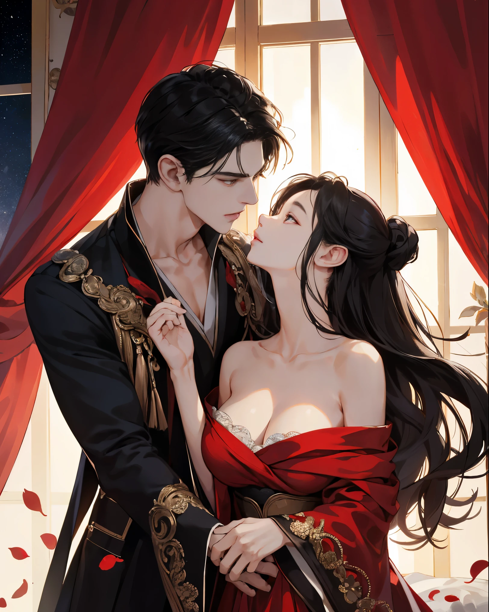 Masterpiece, best quality, 8k, Highly detailed, Very detailed,of a handsome young man,Wearing classic black aristocratic robes.,long black hair。His face was very striking.,The expression is focused and gentle.,Look at the woman next to you.。The girl wore a beautiful red dress,Elegantly curled hairstyle,It revealed a slender collarbone and delicate ears.。Her lips were slightly parted.,Feel a man's kiss。Their bodies were clinging together.,hands touching each other gently。All bedrooms are bathed in warm light.,The curtains swayed gently.,nighttime,starry sky,petals,Looking from the front to the side,The man bowed his head.,kiss the girl gently,Their bodies trembled slightly.,Feel each other's breathing and heartbeat.。The whole picture is full of romance and affection.,Let people feel the charm and power of love., Big breasts girl, Beautiful breasts, sexy, Flashy, Big tits, Victoria, ยุคVictoria