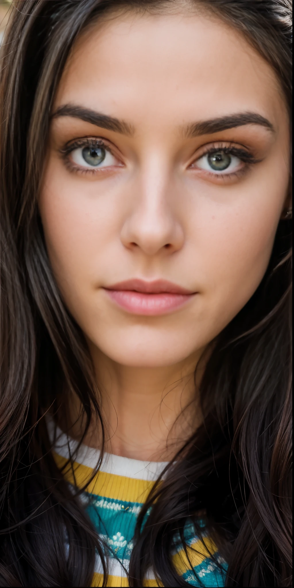 um close up de uma mulher com longos cabelos pretos e uma camisa amarela, fechar o rosto, rosto extremamente lindo, lindo rosto realista, closeup impressionante, headshot, close-up rosto perfeito, hyperlindo rosto realista, photolindo rosto realista, rosto lindo e realista, retrato suave fotografado 8k, rosto lindo detalhado, rosto ultra realista, lindo rosto realista