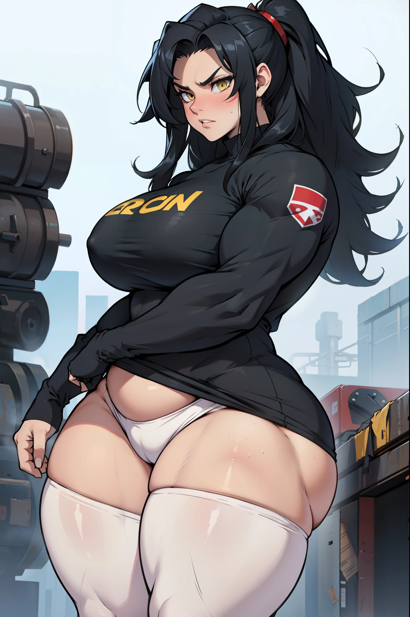 1girl solo black hair yellow eyes very long hair pale skin muscular muscular muscular muscular toned body huge muscles thick thighs girl tight clothes angry blushing messy hair leggings tight shirt long sleeves thick thick thick thick thick thick thick thick thick thick thick thick thick thick thick thick thick thick thick thick thick thick thick thick thick thick thick thick thick thick
