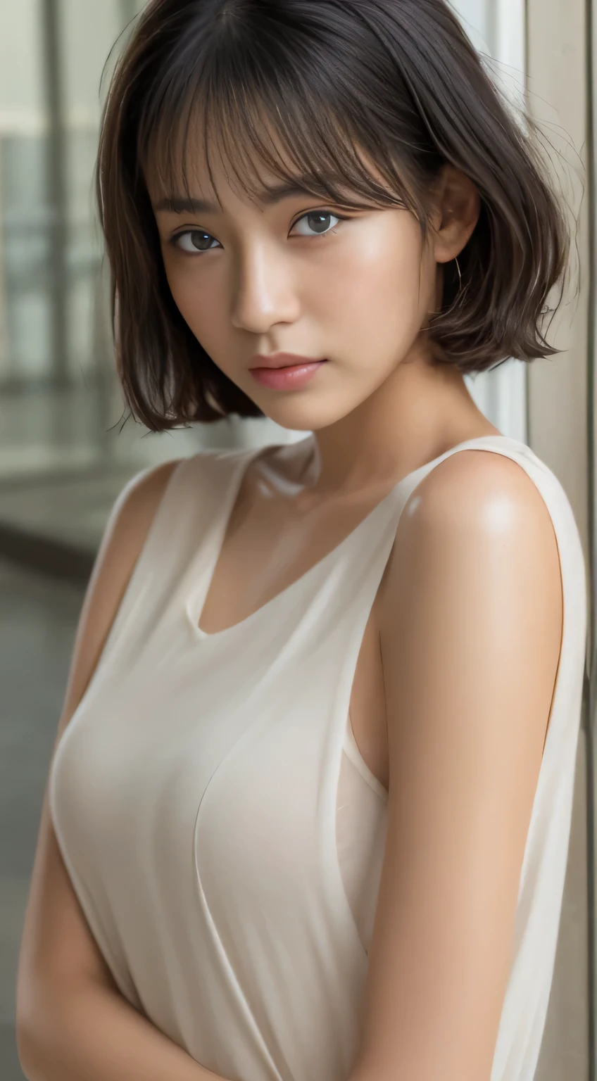 8K、top-quality、​masterpiece、超A high resolution、a picture、Beautiful Japan female elegance、There is a good、Transparent atmosphere、sexy lip、oblique bangs、Beautiful face、Very short、short-cut、short-hair、Making bangs、Laugh、natural soft light、1girl in、de pele branca、Look into the distance、Duck mouth、Hanging eyes、Thin thin eyebrows、Brown-eyed、tall、a large bust、cleavage of the breast、Bust that seems to overflow、pureerosface、cowboy  shot、a necklace、wrist watch、24 year old、Cotton Mini Dress、Calm fashion、Front button、Tight、Futomo、Huge station、escalators、