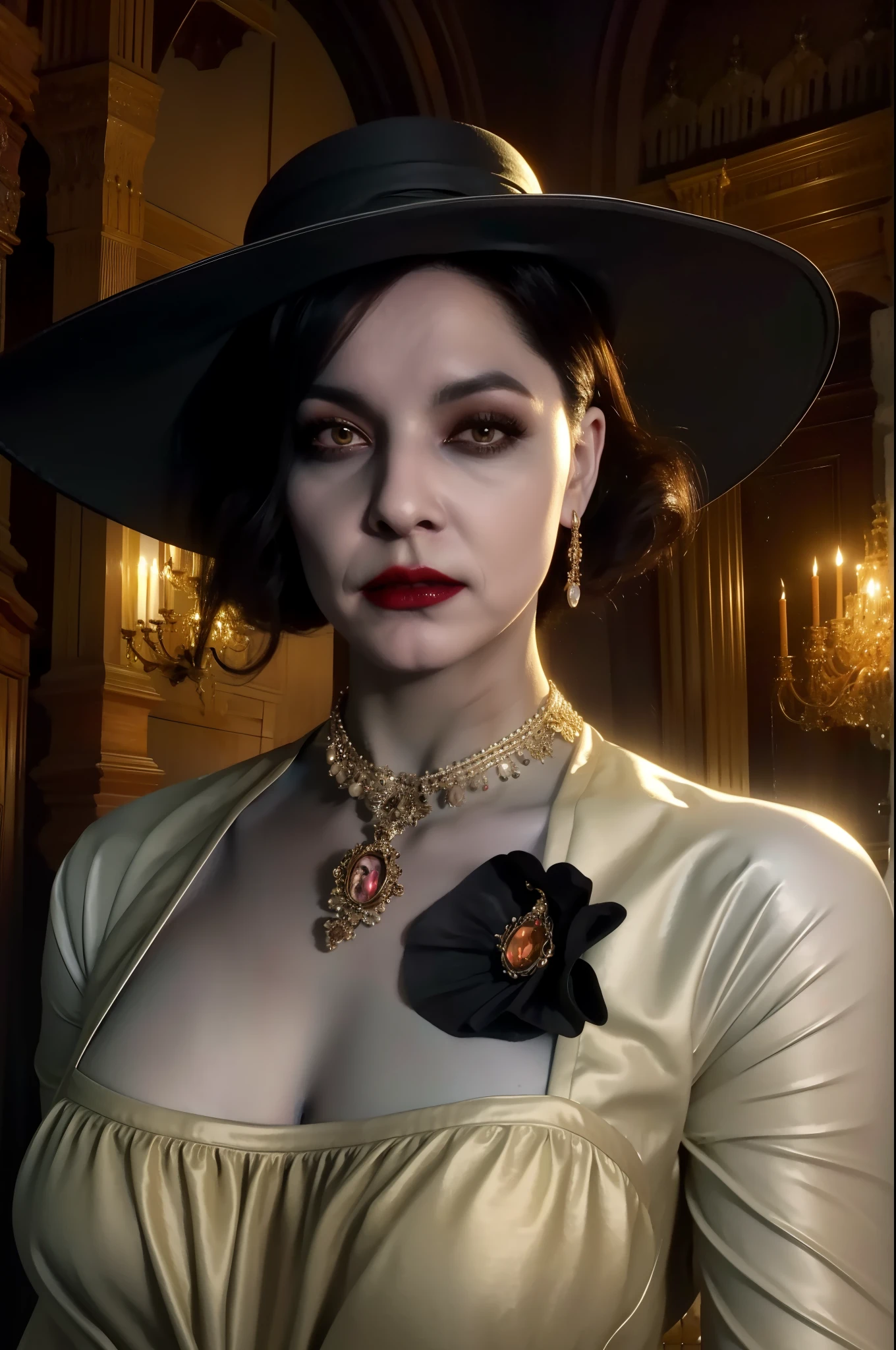 there is a woman in a hat and dress posing for a picture, lady dimitrescu, portrait of a lady vampire, artgerm julie bell beeple, artstyle tom bagshaw, elegant victorian vampire, vampire portrait, charlie bowater character art, tom bagshaw artstyle, portrait of lady mechanika, tom bagshaw donato giancola