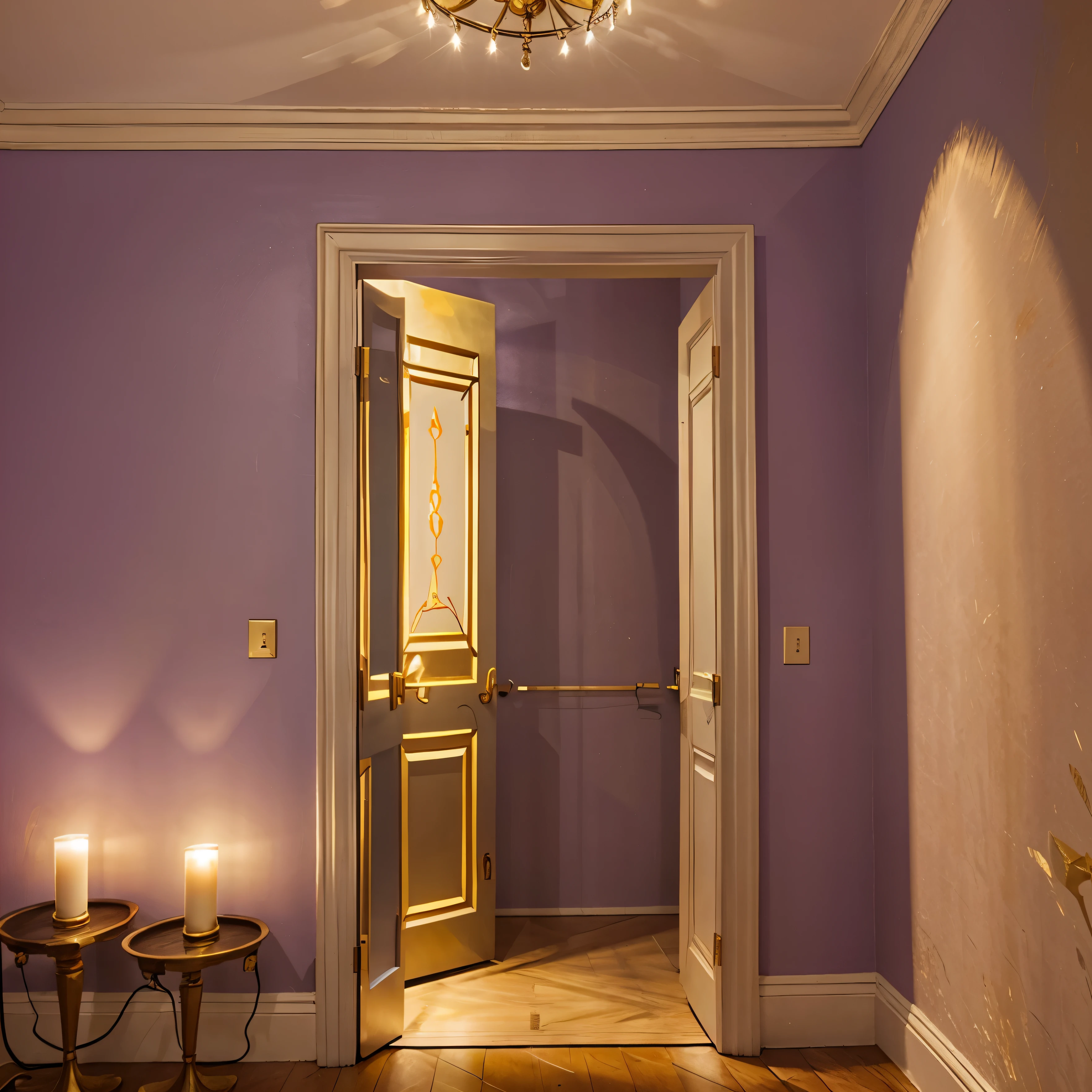 create the backdrop of a wall of lilac and gold lights with a famous Picasso painting hanging